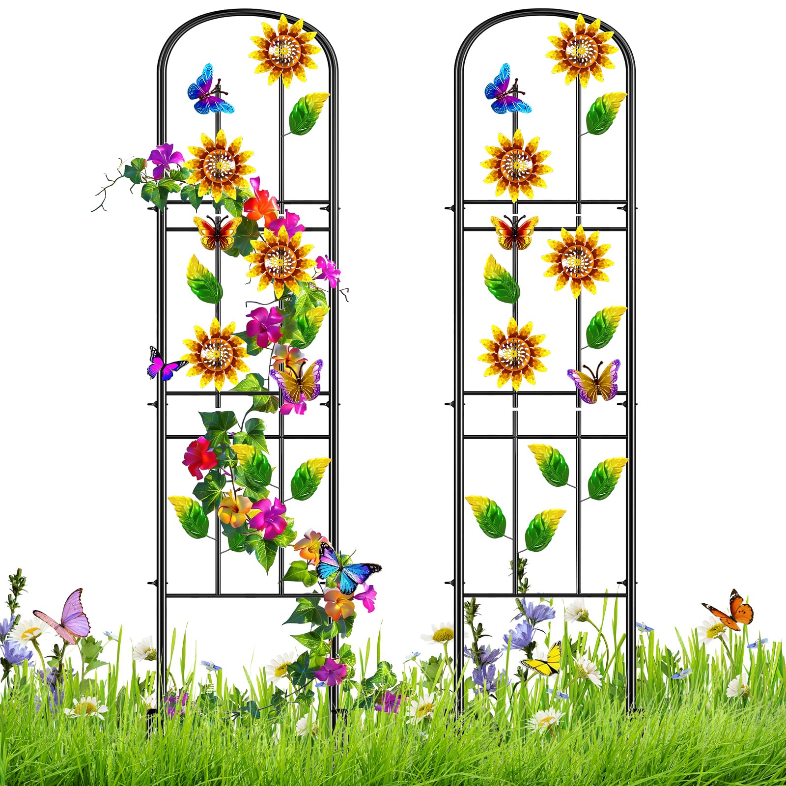 Lot de 2 treillis de jardin en métal autoportants à planter - Décoration de jardin - Treillis de jardin - Tuteur pour roses, fleurs et plantes grimpantes - 151,5 x 28 cm (tournesols)