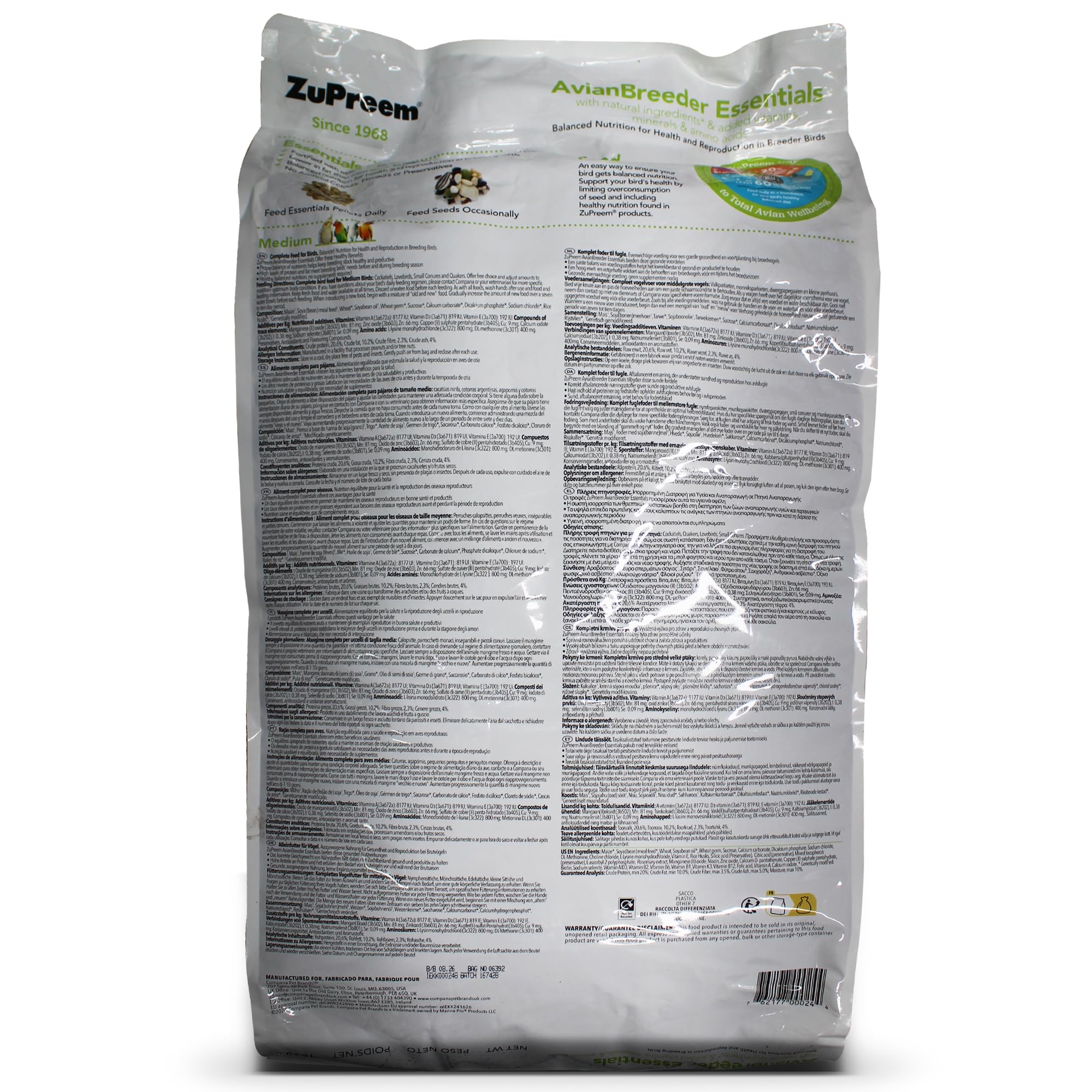 Zupreem Essentials Breeder Alimento para Aves de Tamaño Mediano - Pienso para Pájaros Indicado para la Cría de Agapornis, Cacatúas NINFA, Cotorras Pequeñas y Cotorras Argentinas - 18 kg