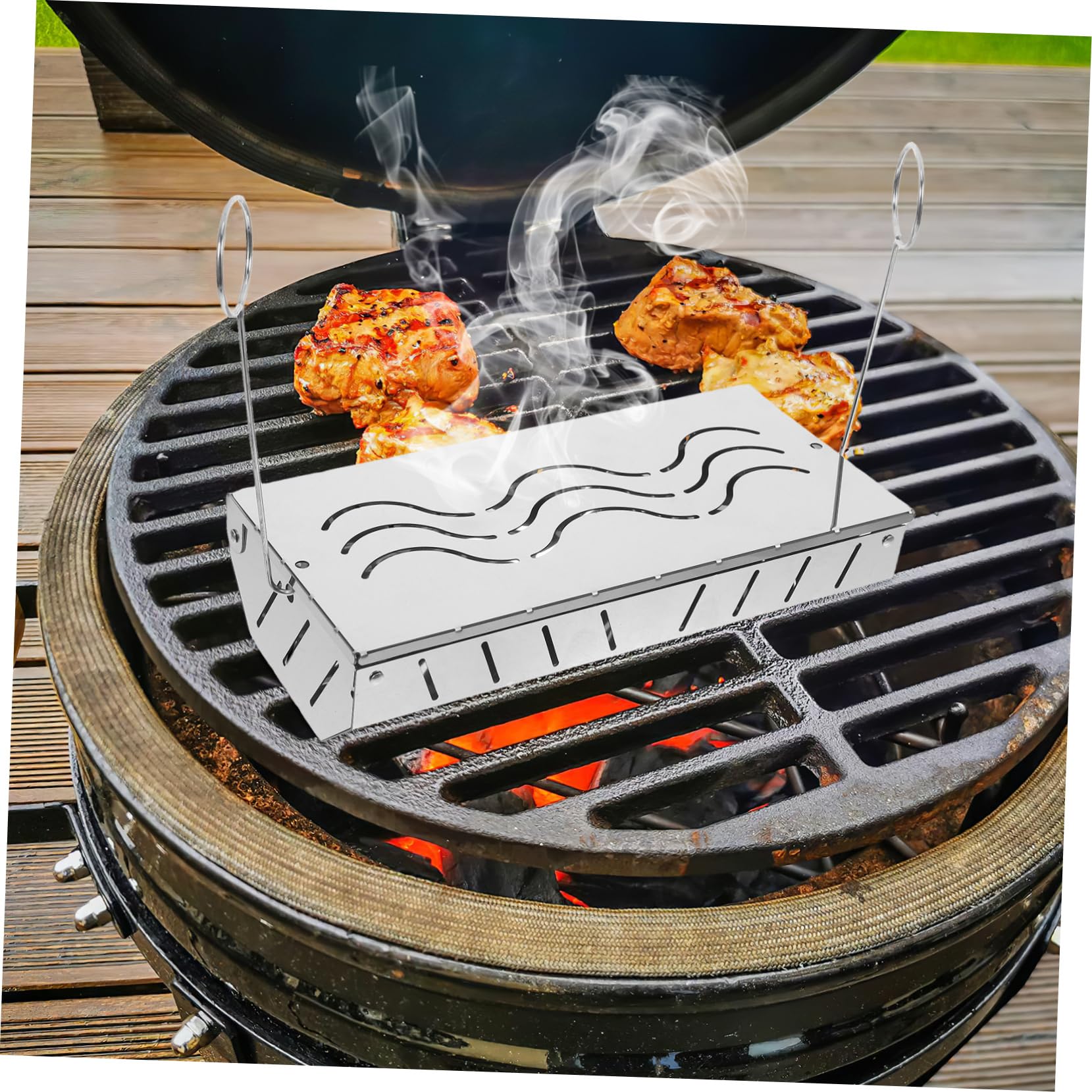Edelstahl Räucherbox für Grillfleisch und Fisch Elektrogrill Zubehör mit Deckel Tragbar und Leicht Platzierbar für Grillen und Outdoor Kochen