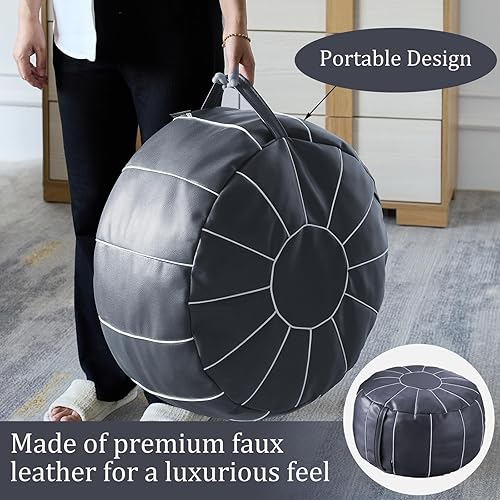 Miniatura 11 de Louis Donné Funda otomana marroquí sin relleno de 21 pulgadas, taburete de cuero sintético hecho a mano, funda redonda de almacenamiento, decoración