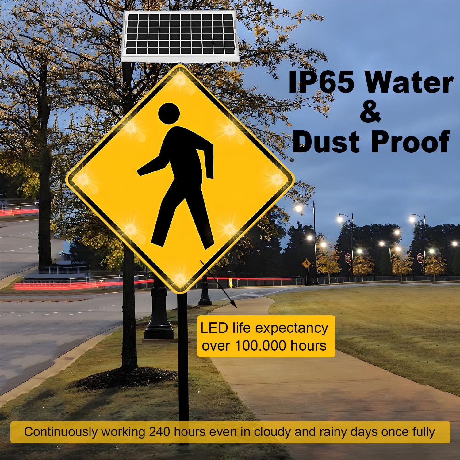 Letrero solar LED intermitente para peatones – Cartel de paso de peatones resistente al óxido de 24 pulgadas para seguridad vial urbana y suburbana – Juego de 2 piezas