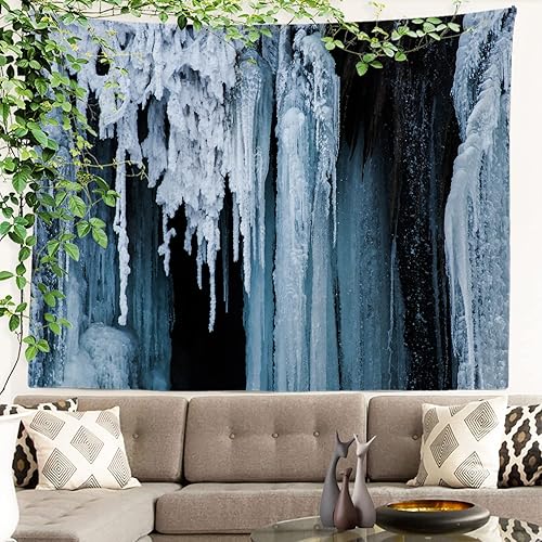 Miniatura 3 de Batmerry Tapiz de pintura de arte abstracto azul, increíble cascada de invierno, tapiz de fondo natural para sala de estar, dormitorio, colgante de