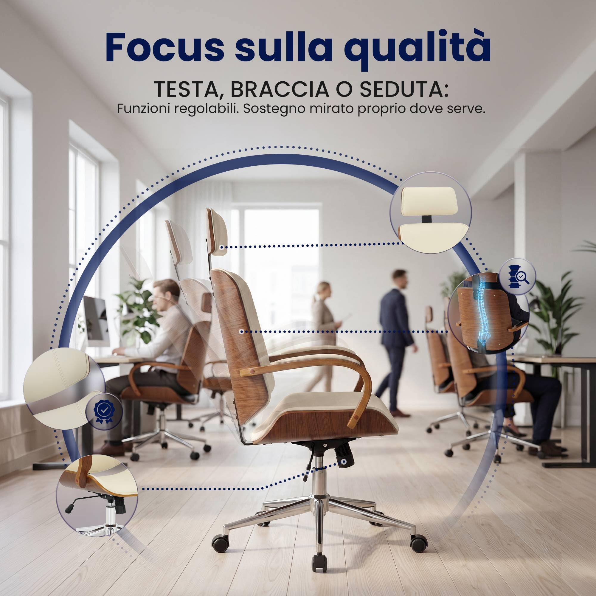 CLP Sedia ufficio Dayton con poggiatesta, girevole regolabile in altezza in similpelle, funzione a dondolo, portata fino a 150 kg, Colore:noce/crema