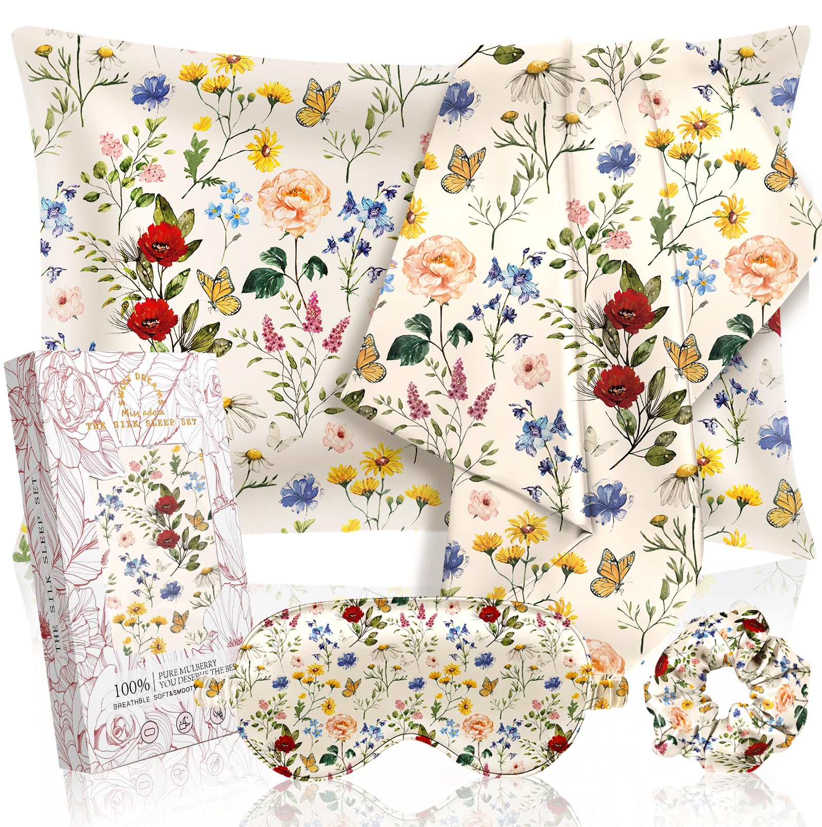 Miss Adola Mulberry 1Pack Silk Pillow Case for Hair and Skin 19 Momme Standard 75 x 50cm Silk Pillowcase with Eye Mask & Scrunchie Soft Pillowcase Sleeping Gift for Women Vintage Flower