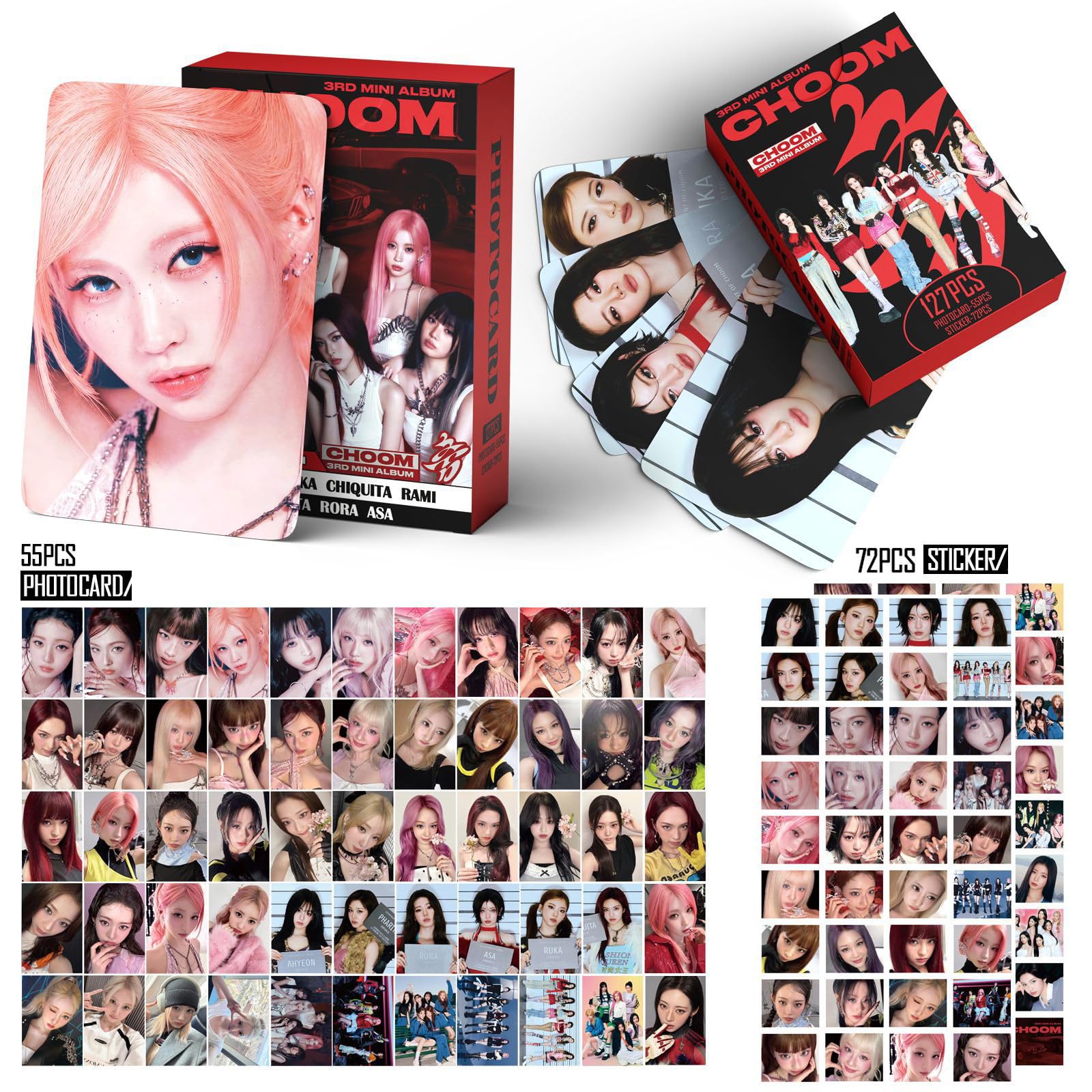 Set regalo per album choom, include 182 fototessere (110 fotocard, 72 mini adesivi), 100 adesivi per album, 1 cordino, 1 porta carte