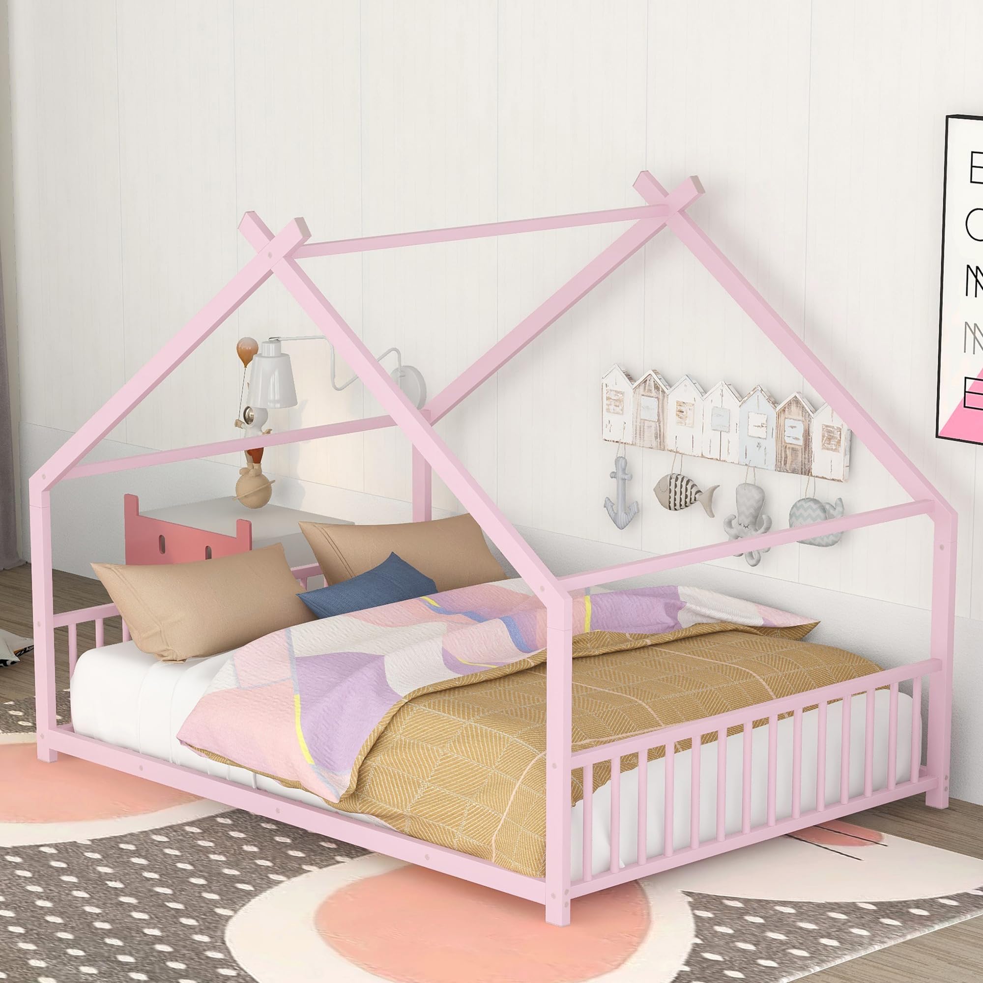 Montessori Floor Bed with Headboard and Footboard, Twin Floor Bed with Slats, Metal House Floor Bed for Kids, Girls, Boys, Pink Montessori Bed Twin Size