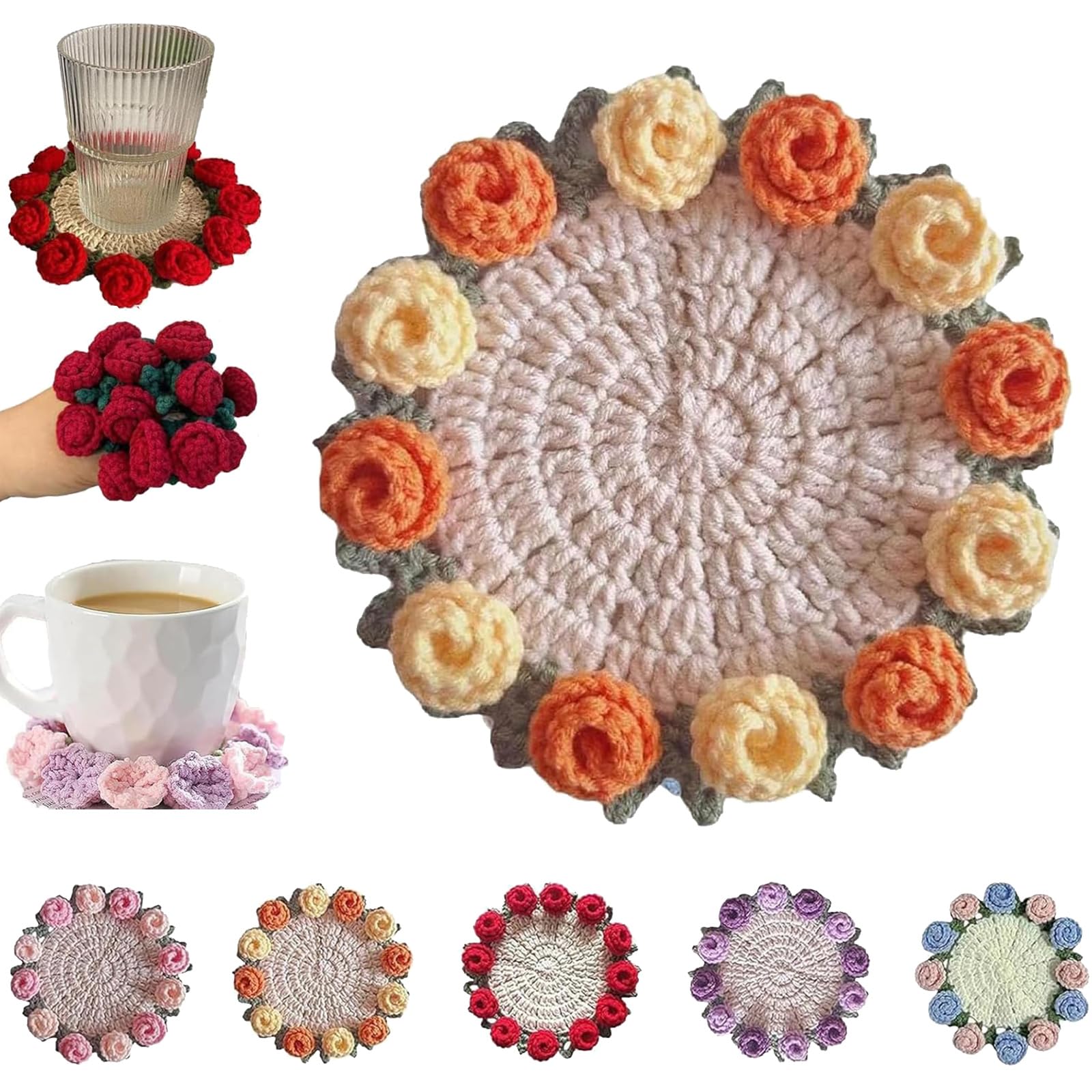 Virtuetion Unique Crochet Drink Coasters, with Flower Basket Virtuetion Rose Bouquet Coaster, for New Home Bar Desk (Orange)