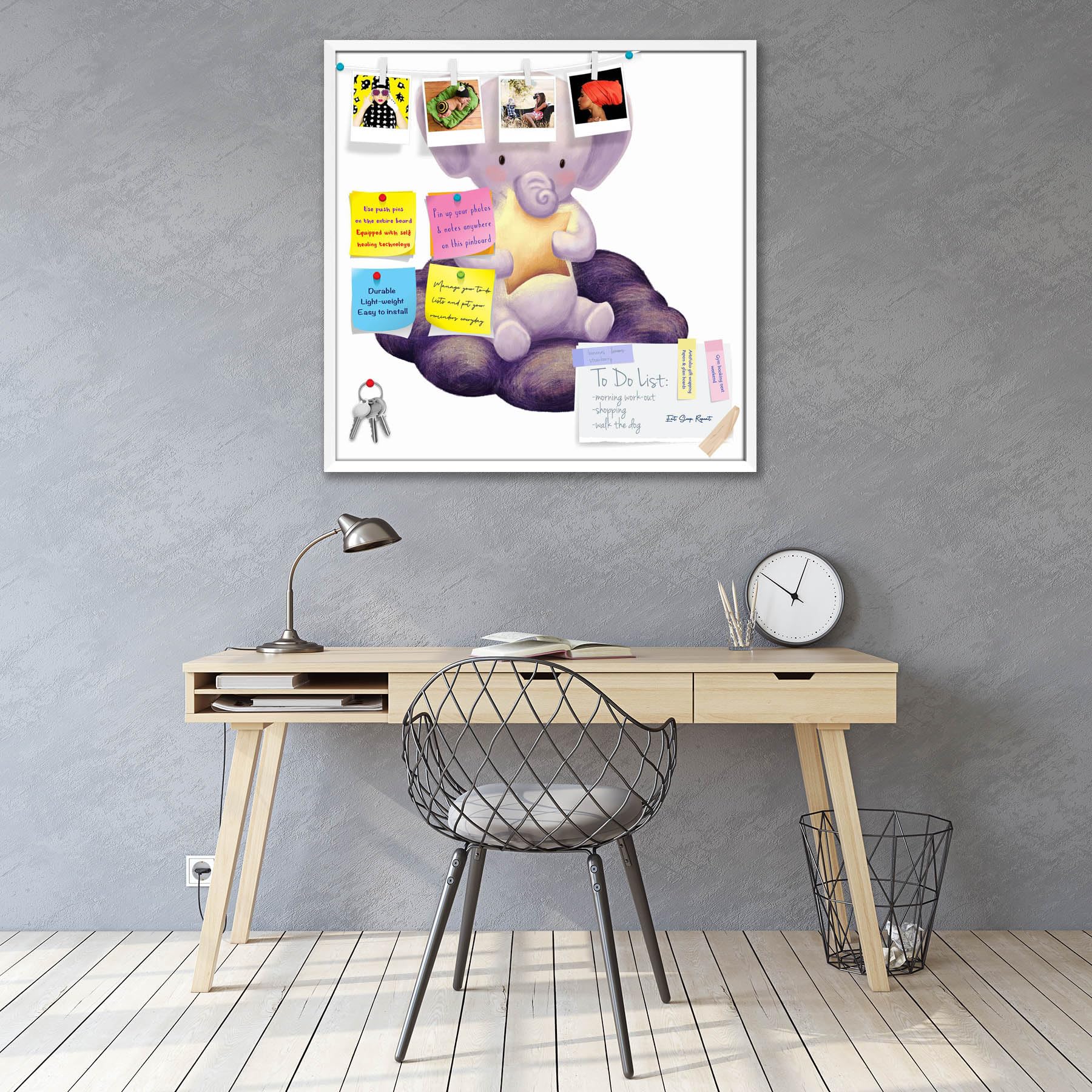 ArtzFolio Elephant Seat on Cloud | Bulletin Board Notice Pin Board | Vision Soft Board Combo with Thumb Push Pins & Sticky Notes | White Frame | 12 x 12 inch (30 x 30 cms)