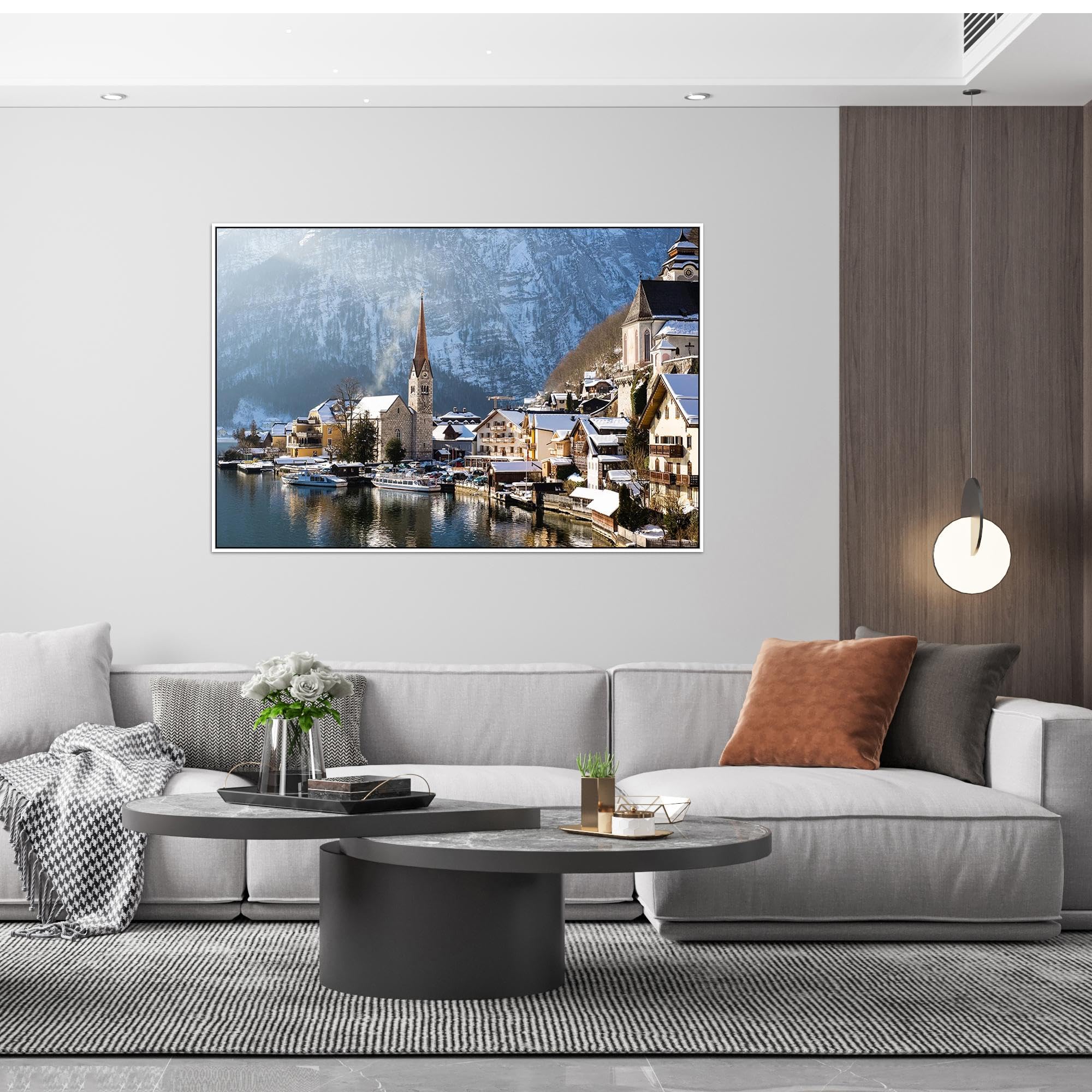 Stadt Leinwandbild Landschaftsbilder-Panorama Bild auf Leinwand-Winter Stadt Gebäude-Weiß Rahmen Wandbilder für Wohnzimmer 50x75cm-19x29in