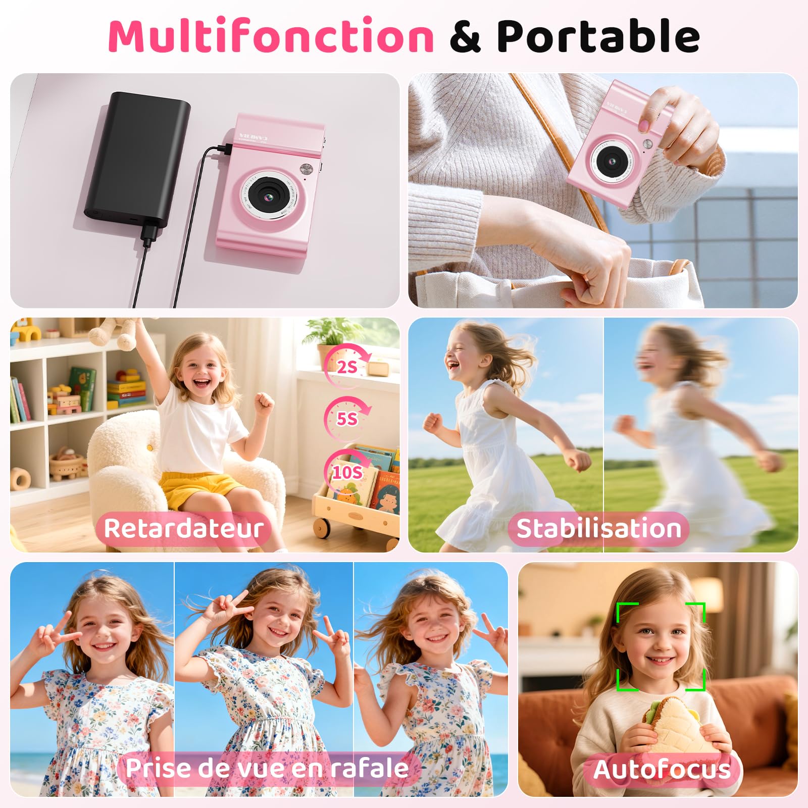 CHAKEYAKE Appareil Photo Numérique, 4K 64MP Appareil Photo Compact Portable avec Autofocus, Zoom Numérique 18X, écran LCD 2,4", Carte 32 Go, pour Enfants Adolescents Vlogging Débutants, Rose