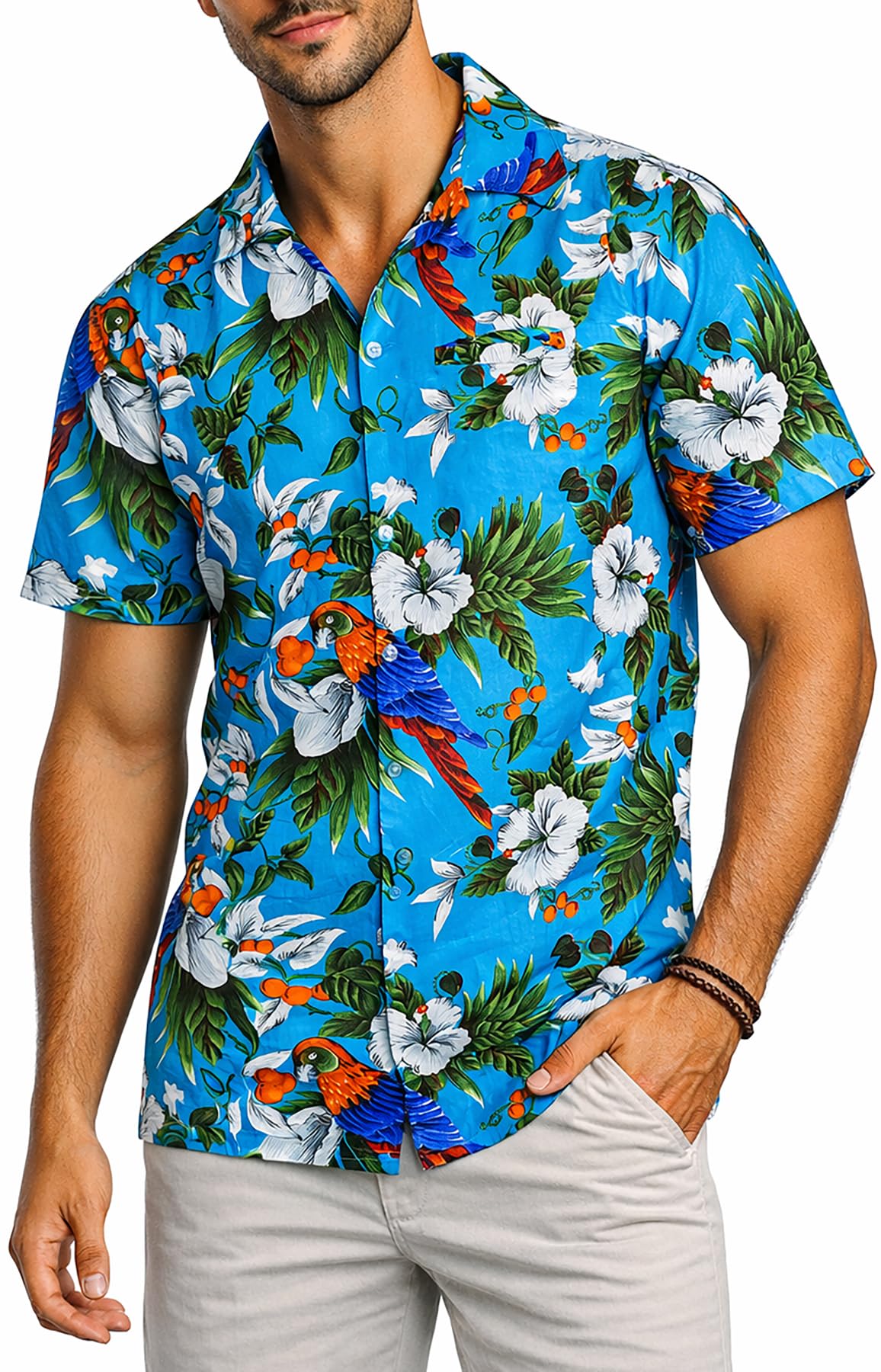 King Kameha Mens Hawaiian Shirt Short Sleeve, Cherryparrot, Turquoise, XS