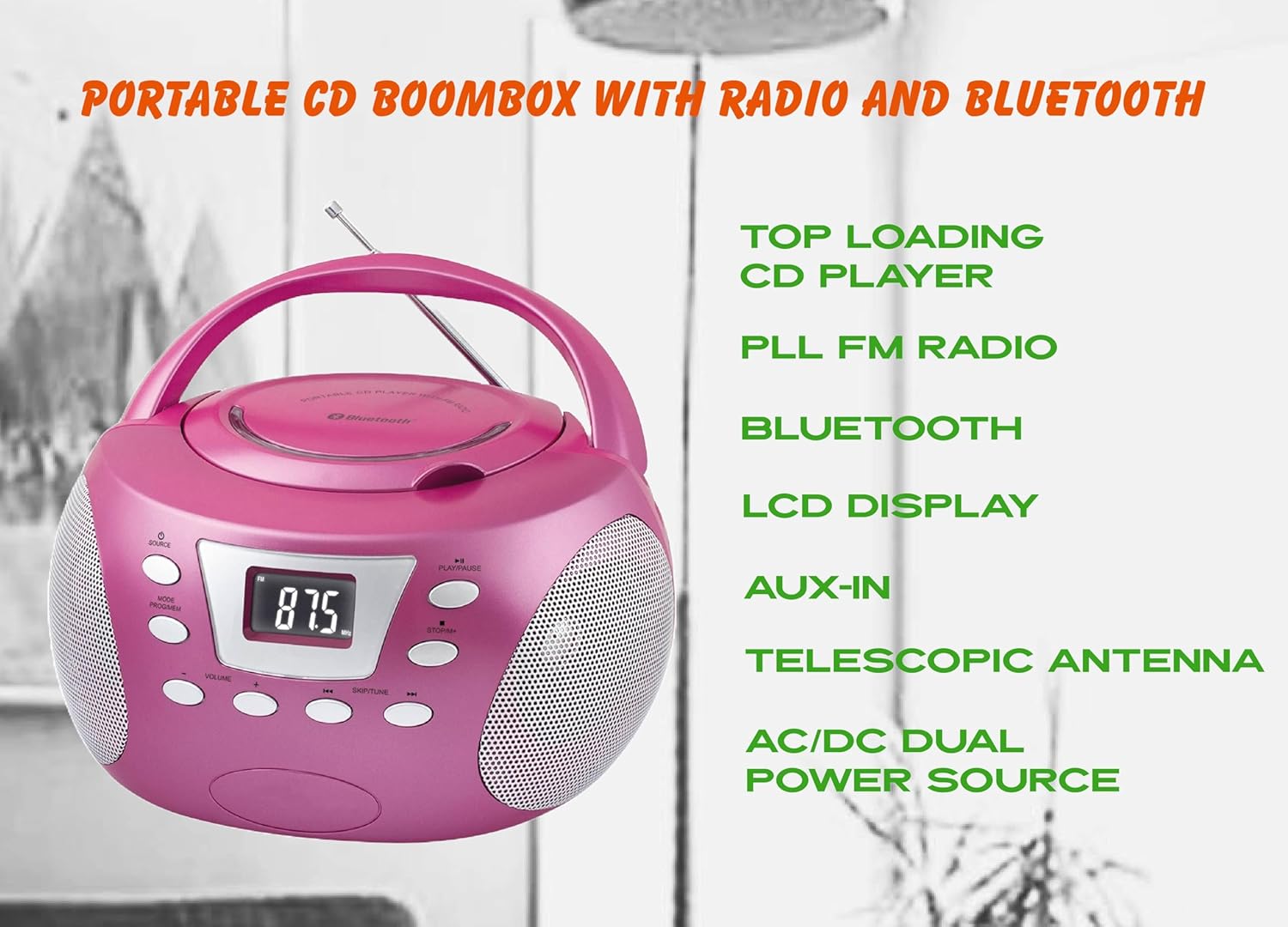 HANNLOMAX HX-332CD Portable CD Boombox, PLL FM Radio, Bluetooth, LCD Display, Aux-in, AC/DC Dual Power Source (Pink)