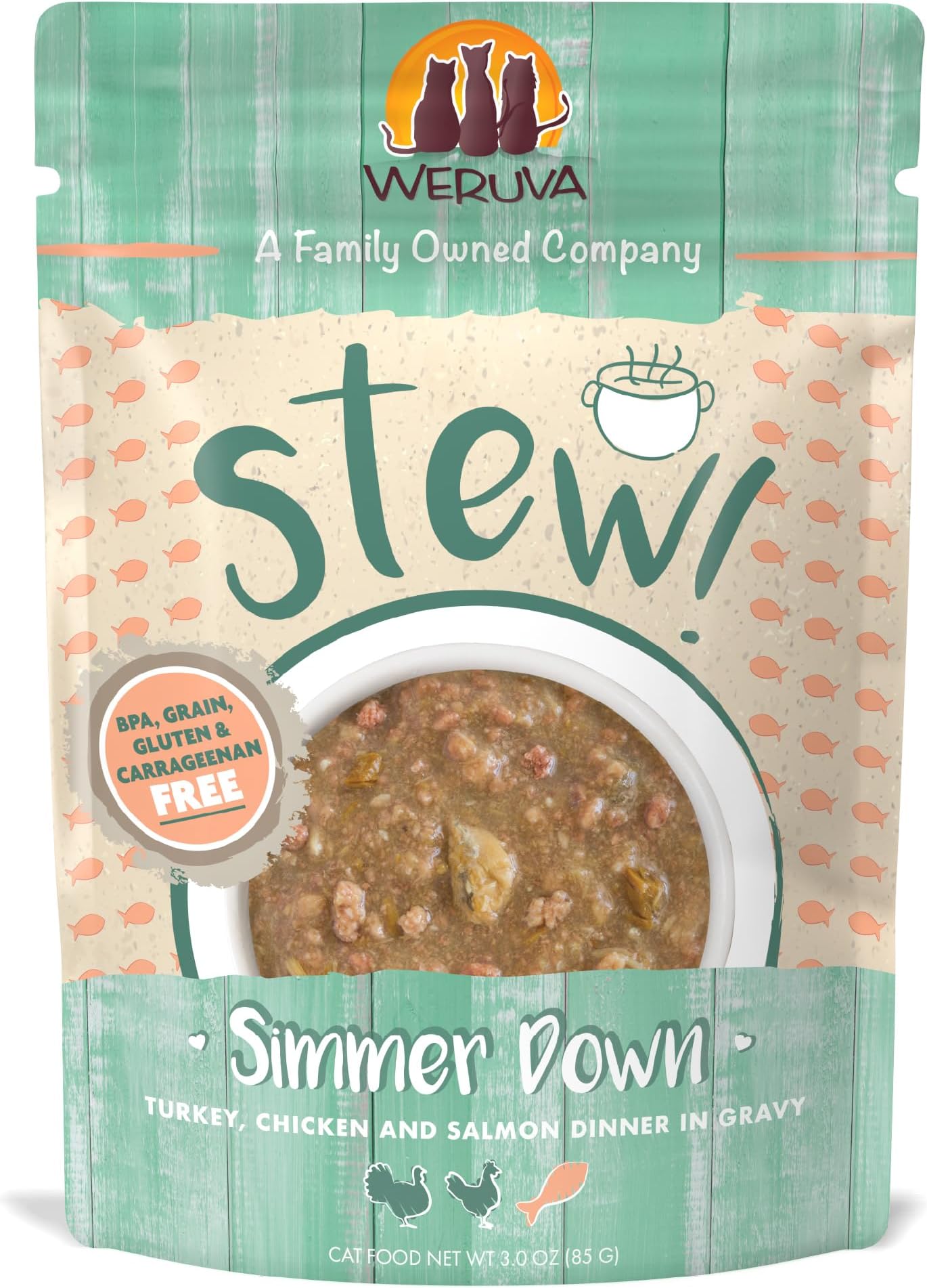 Classic Cat Stews!, Simmer Down with Turkey, Chicken & Salmon in Gravy, 3oz Pouch (Pack of 12)