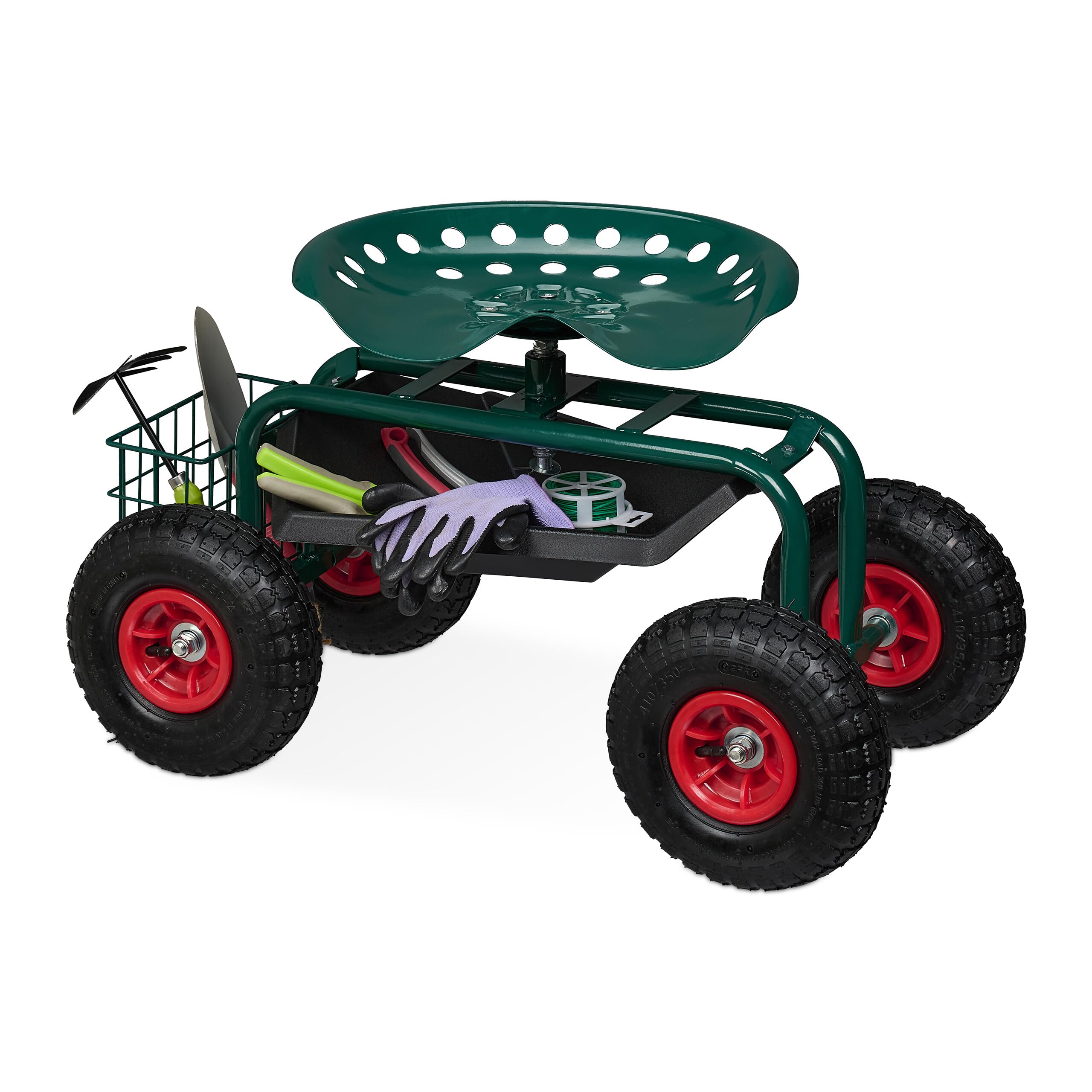 Relaxdays Siège Roulant de Jardin, Hauteur réglable, 150 kg, Accessoire Jardinage, Roues pneumatiques, Vert