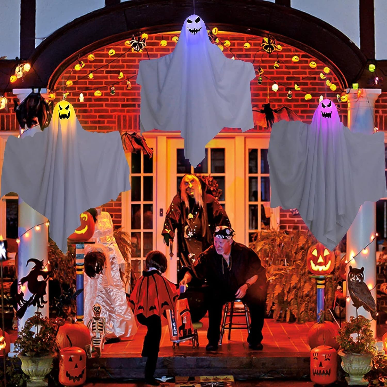 3 Fantasmas Colgantes De Halloween | Decoración Espeluznante Para Exterior E Interior | Con Brazos Flexibles Y Luz LED