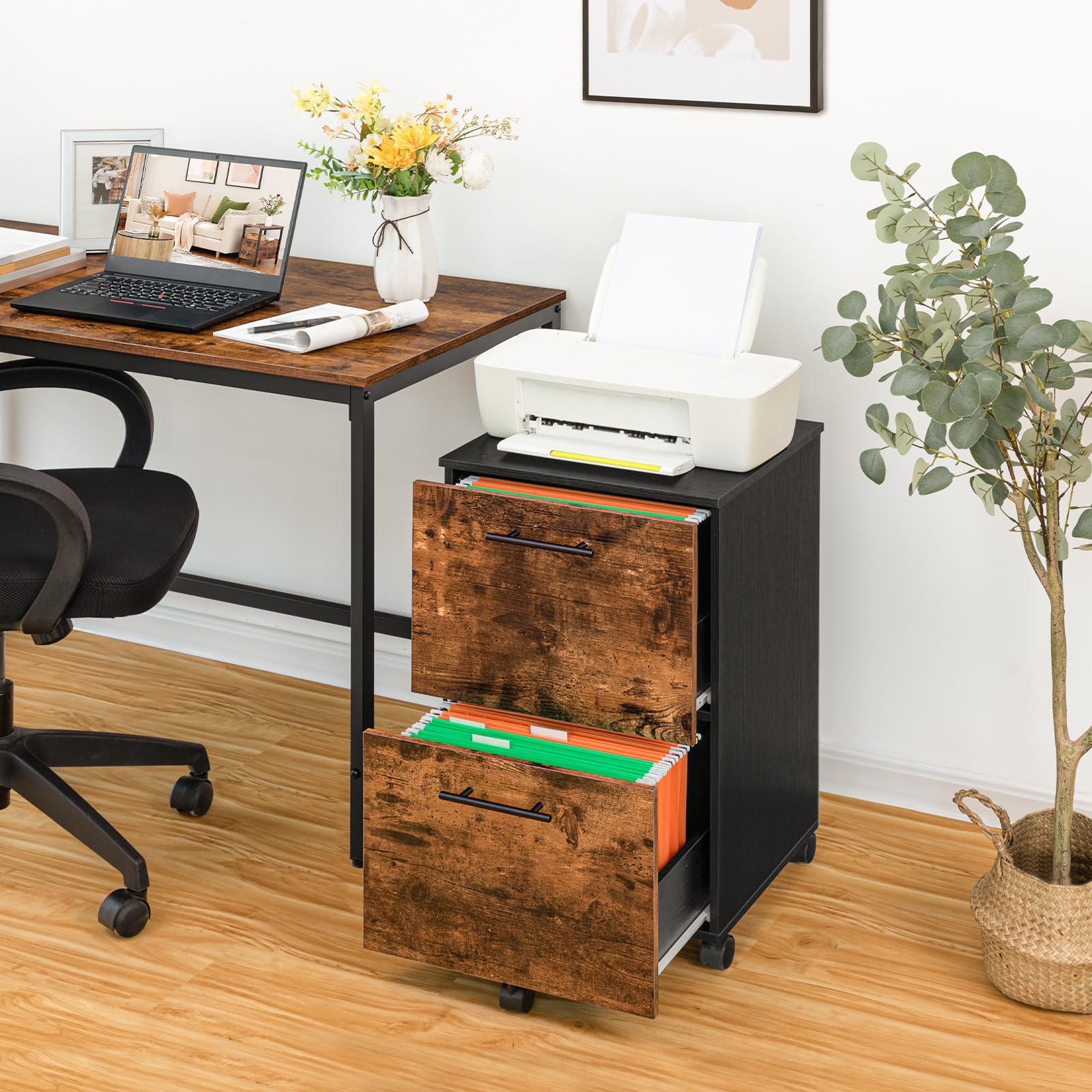 HOOBRO Caisson de Bureau 2 tiroirs, Meuble de Rangement Mobile, Placard de Rangement pour Dossier, avec 5 roulettes, Stable, pour Documents et Dossier Suspendu, Industriel, Marron Rustique EBF03WJ01G1