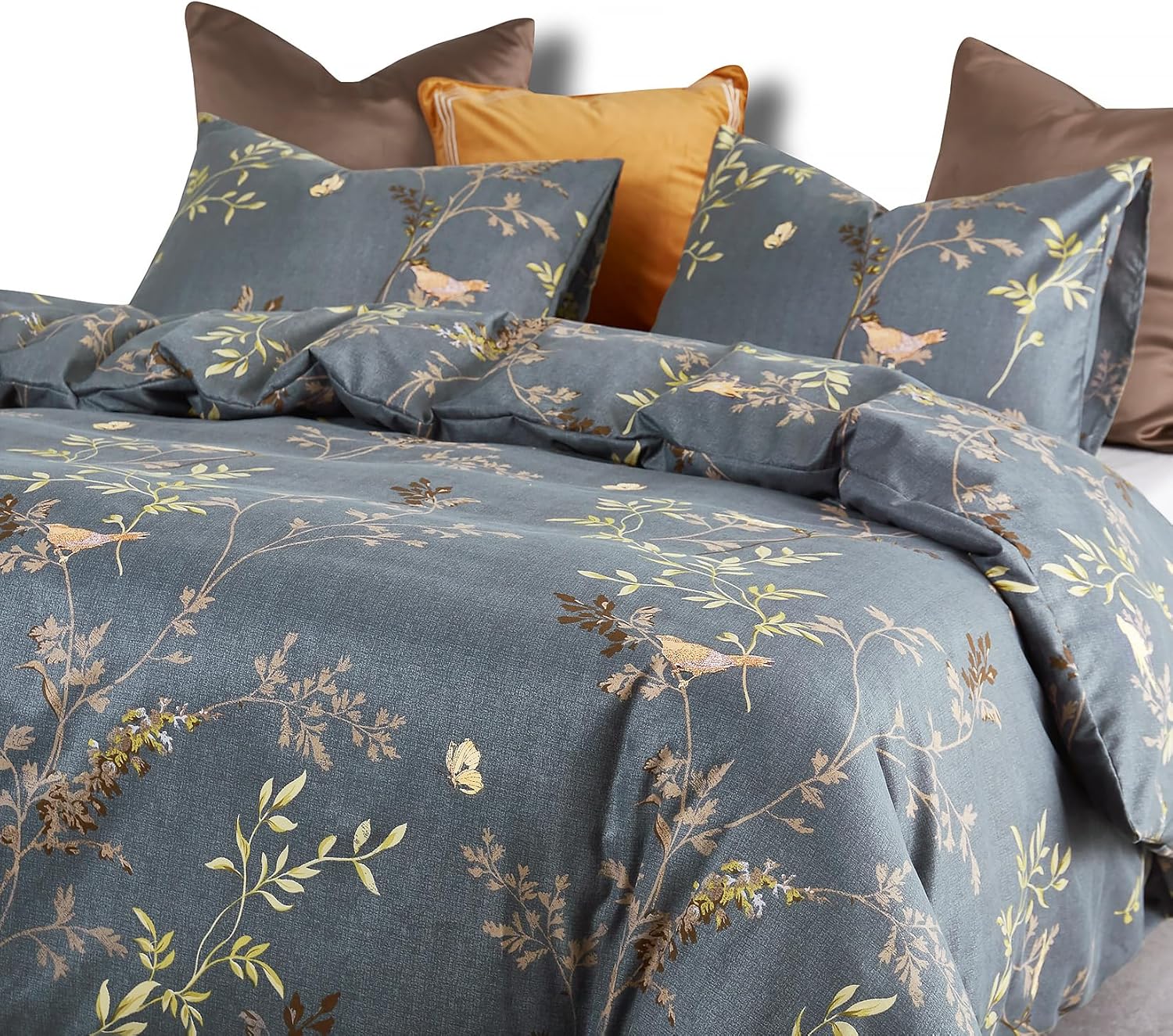 Wake In Cloud - Floral Comforter Set, Birds Flowers Leaves and Branches Pattern Printed for Men Women, Soft Lightweight Bedding, 3 Pieces, Dark Gray, California King Size
