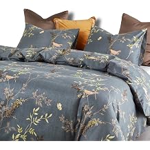 Wake In Cloud - Floral Comforter Set, Birds Flowers Leaves and Branches Pattern Printed for Men Women, Soft Lightweight Bedding, 3 Pieces, Dark Gray, California King Size