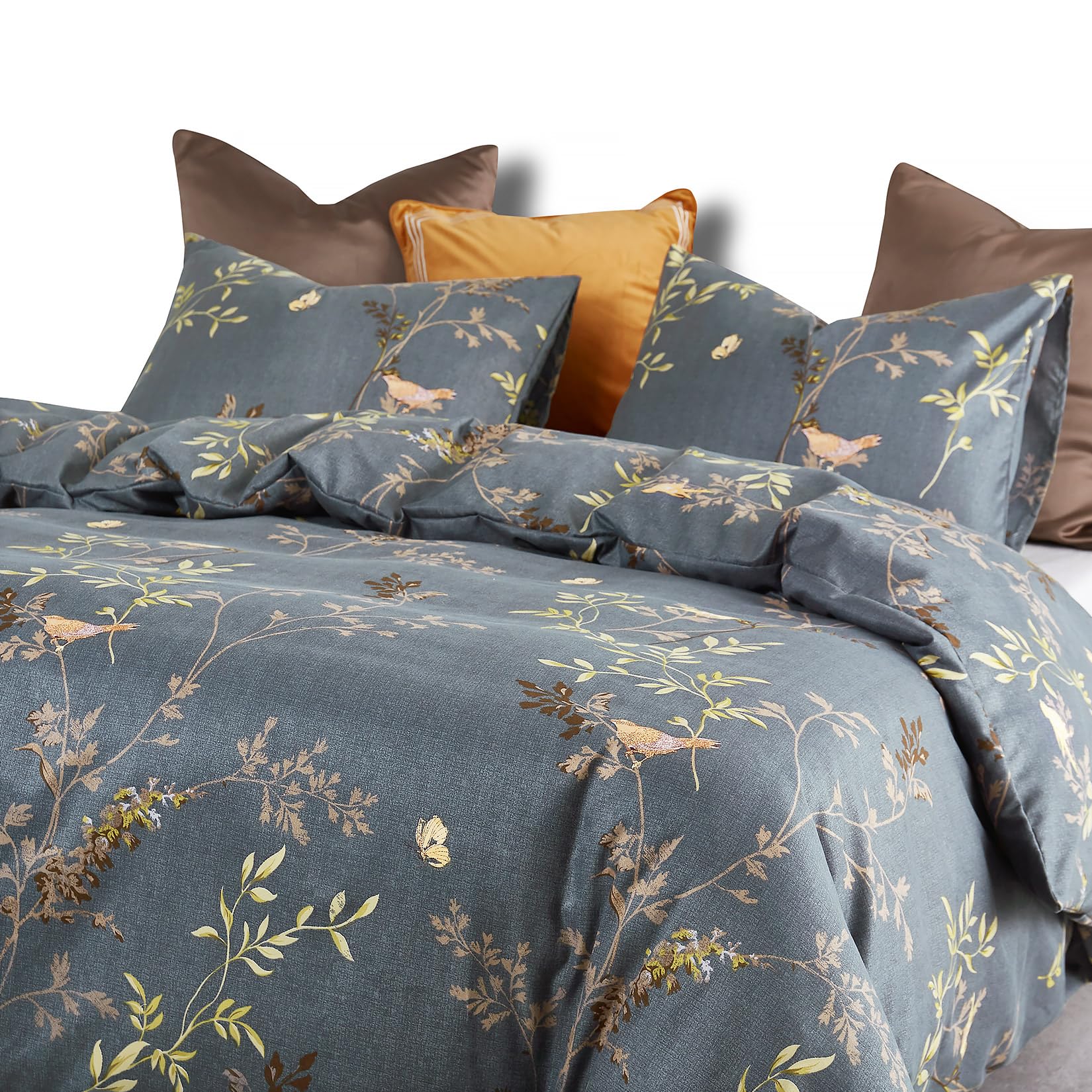 Wake In Cloud - Floral Comforter Set, Birds Flowers Leaves and Branches Pattern Printed for Men Women, Soft Lightweight Bedding, 3 Pieces, Dark Gray, California King Size-image-26