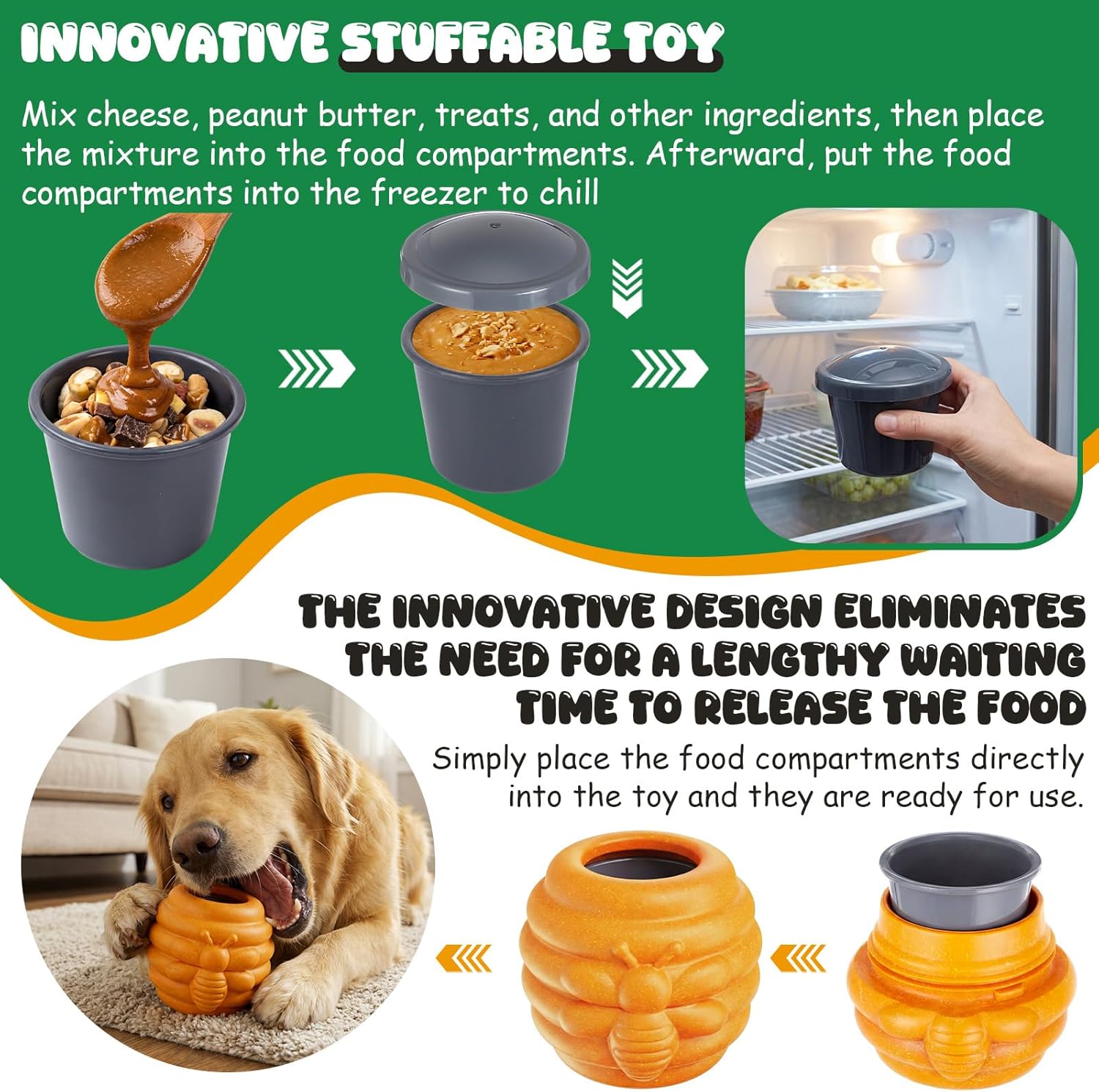 Gemscream 2 Pack Large Dog Toys for Aggressive Chewers, Dog Treat Dispensing Toy to Keep Them Busy, 2-in-1 Fillable Holder with 2 Cups and Food-Dispensing Lids for Large Medium (Yellow,Green)