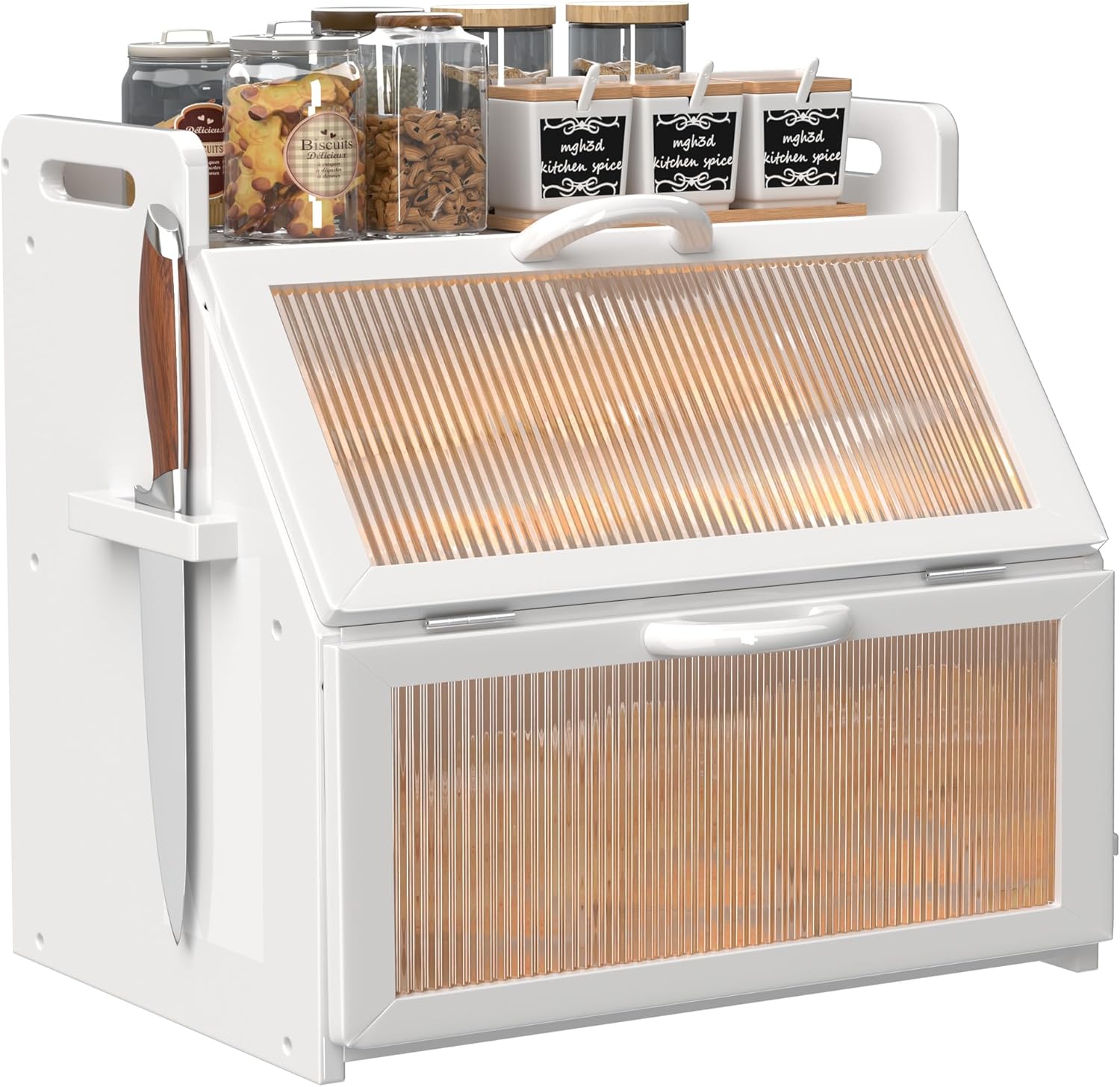 Bread Box, Bread Box for Kitchen Countertop, Large Bread Storage Container for Homemade Bread, Wooden Farmhouse Breadbox Organizers, Double Layer Bread Bin with Acrylic Window Bread Holder,White