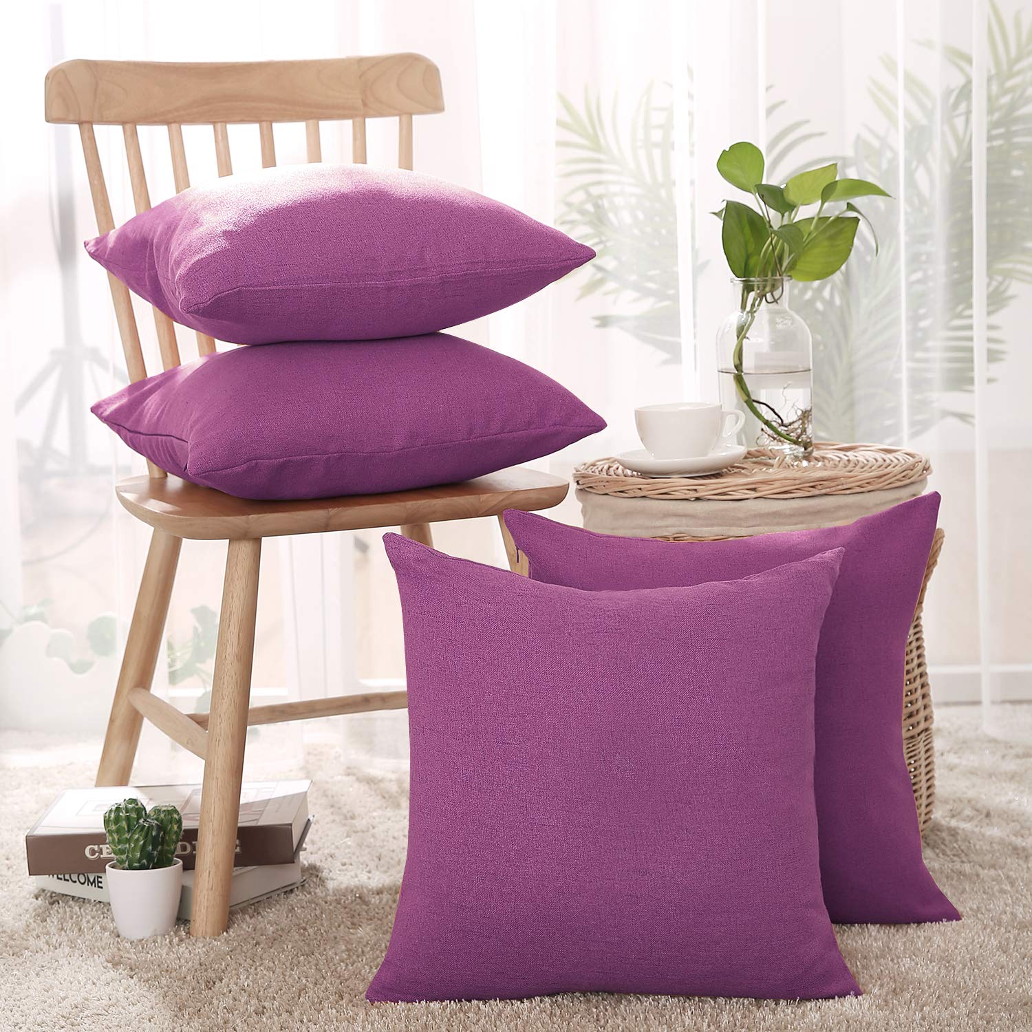 Deconovo Purple Decorative Throw Pillow Cases Faux Linen Texture Pillow Covers Cushion Covers For Garden Furniture Cushions With Invisible Zip 18X18 Inch 4 Pieces
