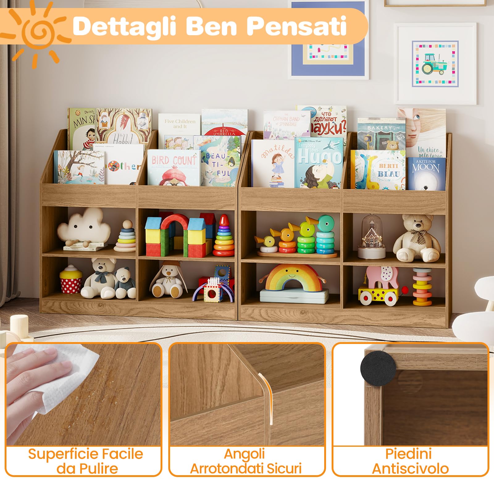 COSTWAY Libreria Montessoriana Porta Libri per Bambini, Scaffale Multifunzione con 4 Cubi e 4 Scomparti, Anti-ribaltamento, Salvaspazio per Cameretta e Stanza dei Giochi, 90x34x80 cm (Naturale)