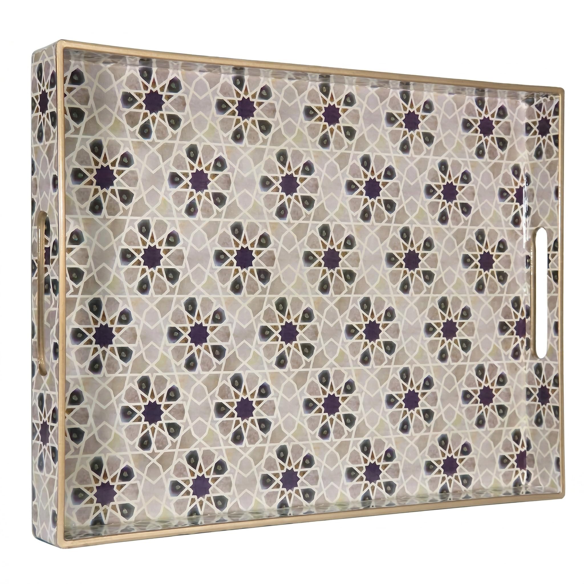 Heaven4you Luxury Elegant Decorative Rectangular Serving Tray with Handles – Gloss Finish, Gold Trim – For Coffee Table, Vanity, Kitchen or Ottoman – Multiple Designs 40x30x4cm (Floral Mosaic)