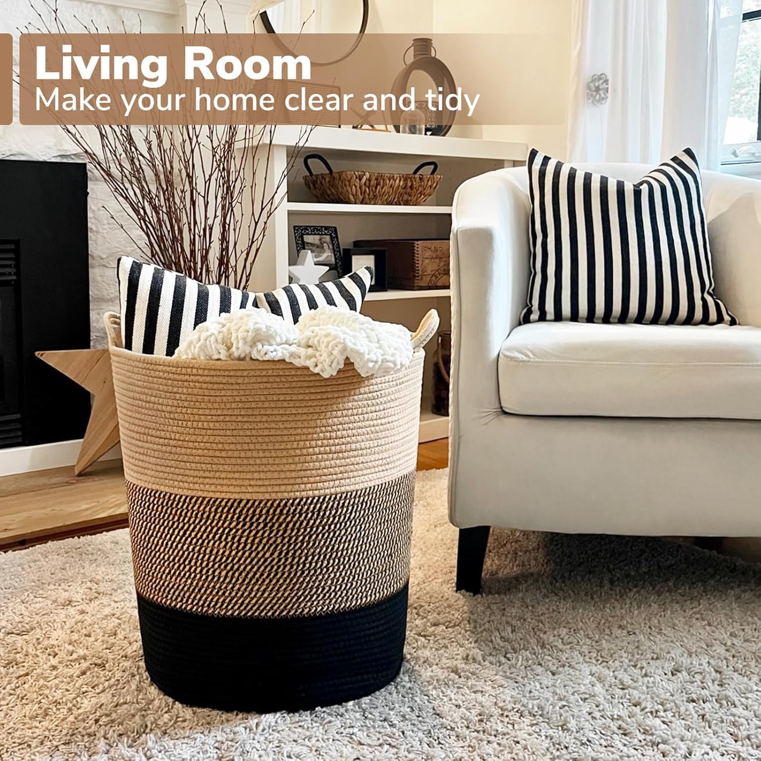 ALBY® Large Rope Basket - Tall Laundry Basket Hamper for Dirty Clothes Woven Jute Storage Basket for Blanket in Living Room Toy Basket for Nursery Storage, 17.8" x 15.8" x 13.8" (BLACCK & JUTE) 2
