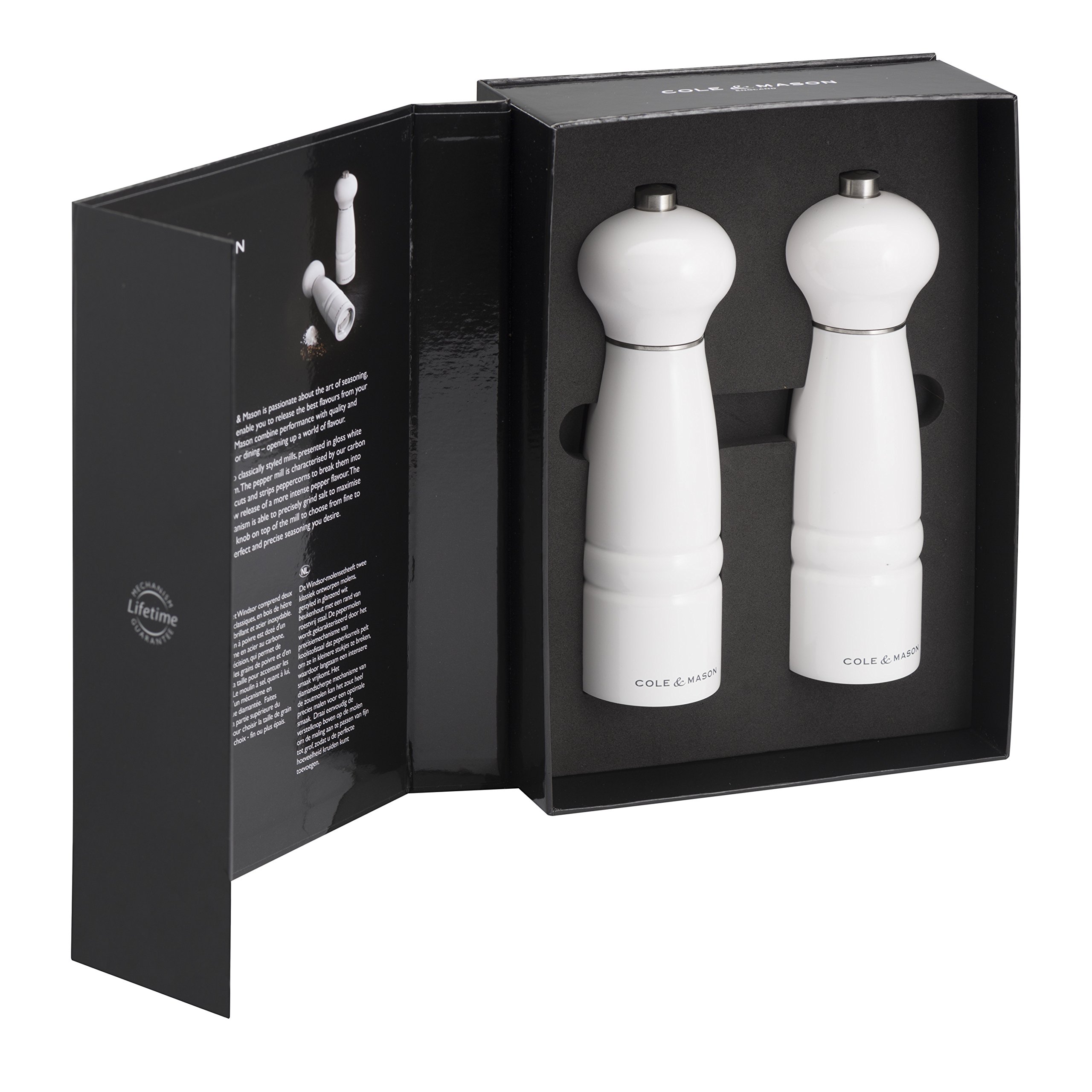 Cole and Mason 18 cm Madera de Haya Lacado Windsor molinillos de Sal y Pimienta de Regalo y Juego de, Acabado en Blanco Brillante
