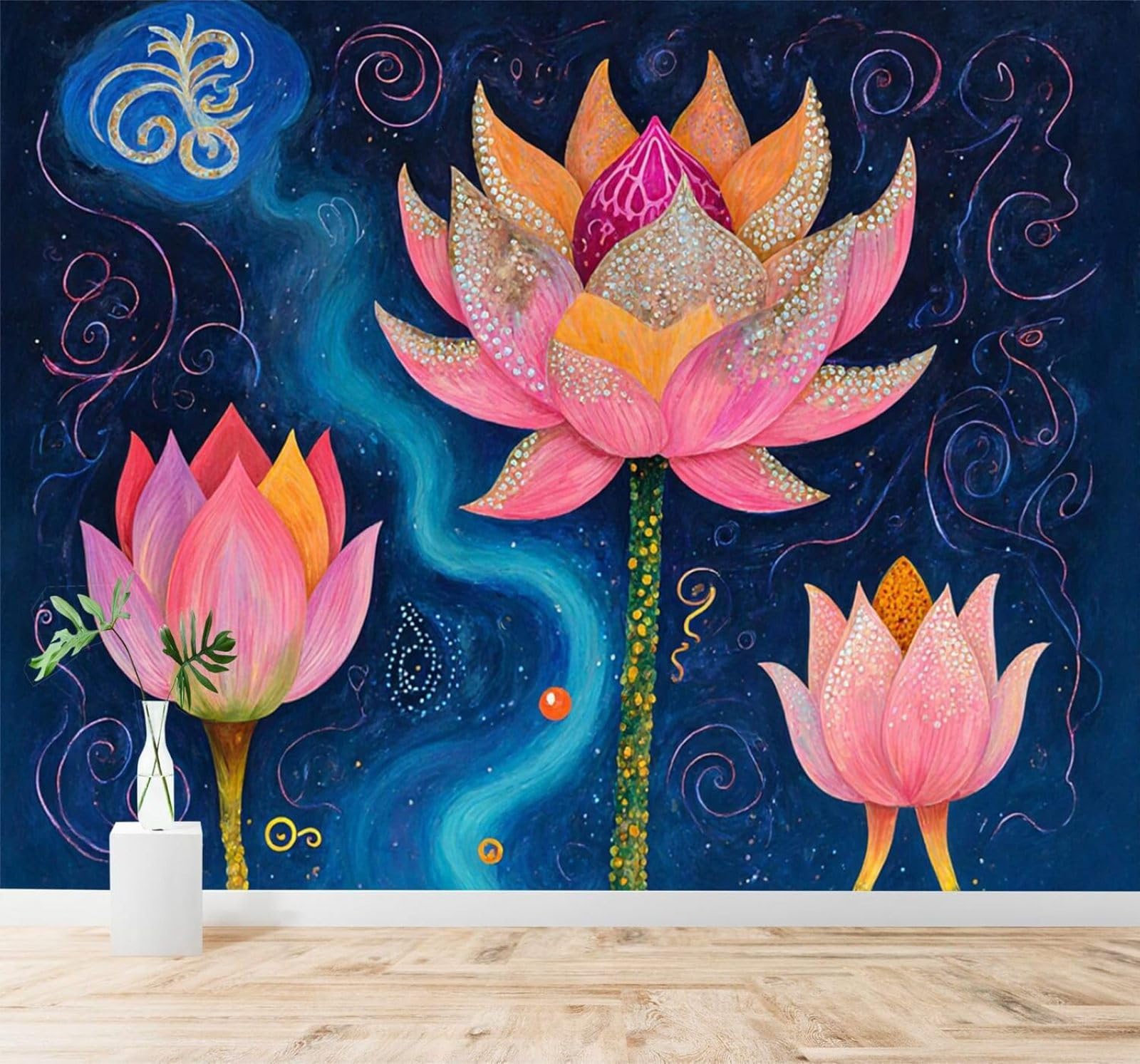 XLMING Beautiful Colourful Lotus Flowers Abstract Swirls Starry Sky Background 3D Wallpaper Silky Texture Home Study Office Grey Dining Room Sofa Bedroom Living Room TV Backdrop-250cm×170cm