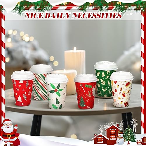 Miniatura 7 de Sliner 150 vasos de Navidad desechables de papel de Navidad con tapas, tazas clásicas de muñeco de nieve calientes de 12 onzas, juego novedoso de