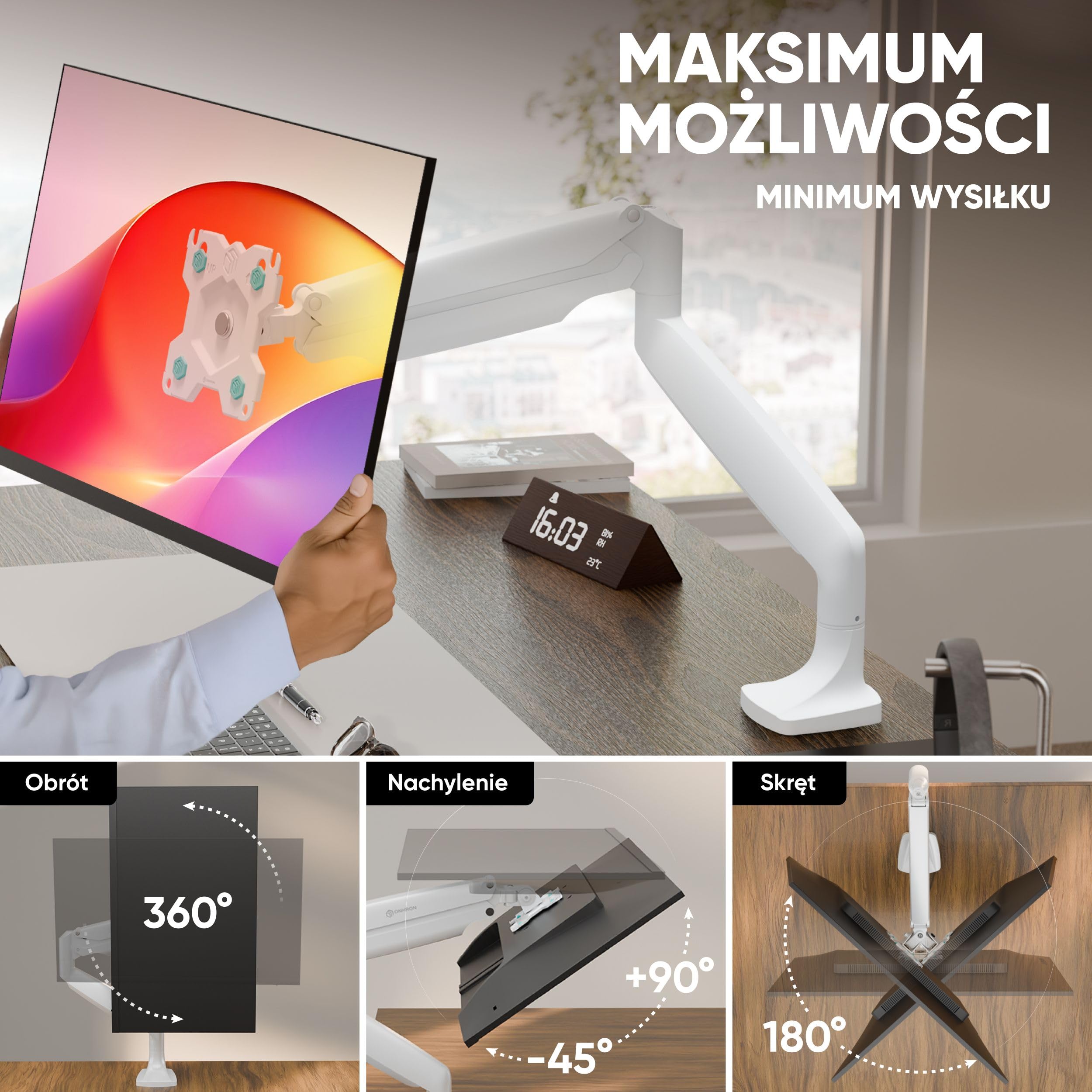 ONKRON Wyświetlacz przegubowy na 13-32 cale, uniwersalny uchwyt na ekran ładowania 9 kg, ramię monitora komputerowego stacjonarnego VESA 75x75 & VESA 100x100, uchwyt na ekran PC sprężyna gazowa, pełny