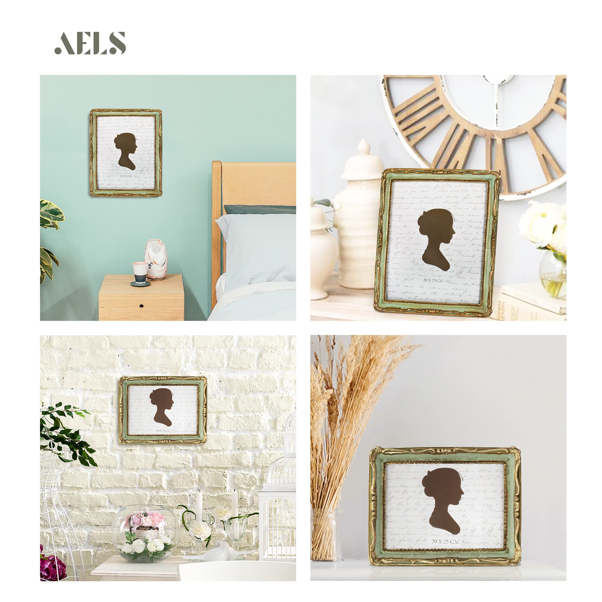 AELS Ramka na zdjęcia w stylu vintage, elegancka antyczna ramka na zdjęcia ze szklanym przodem, ekspozycja na zdjęcia, wisząca na ścianie, pomysły na prezent, złota i zielona