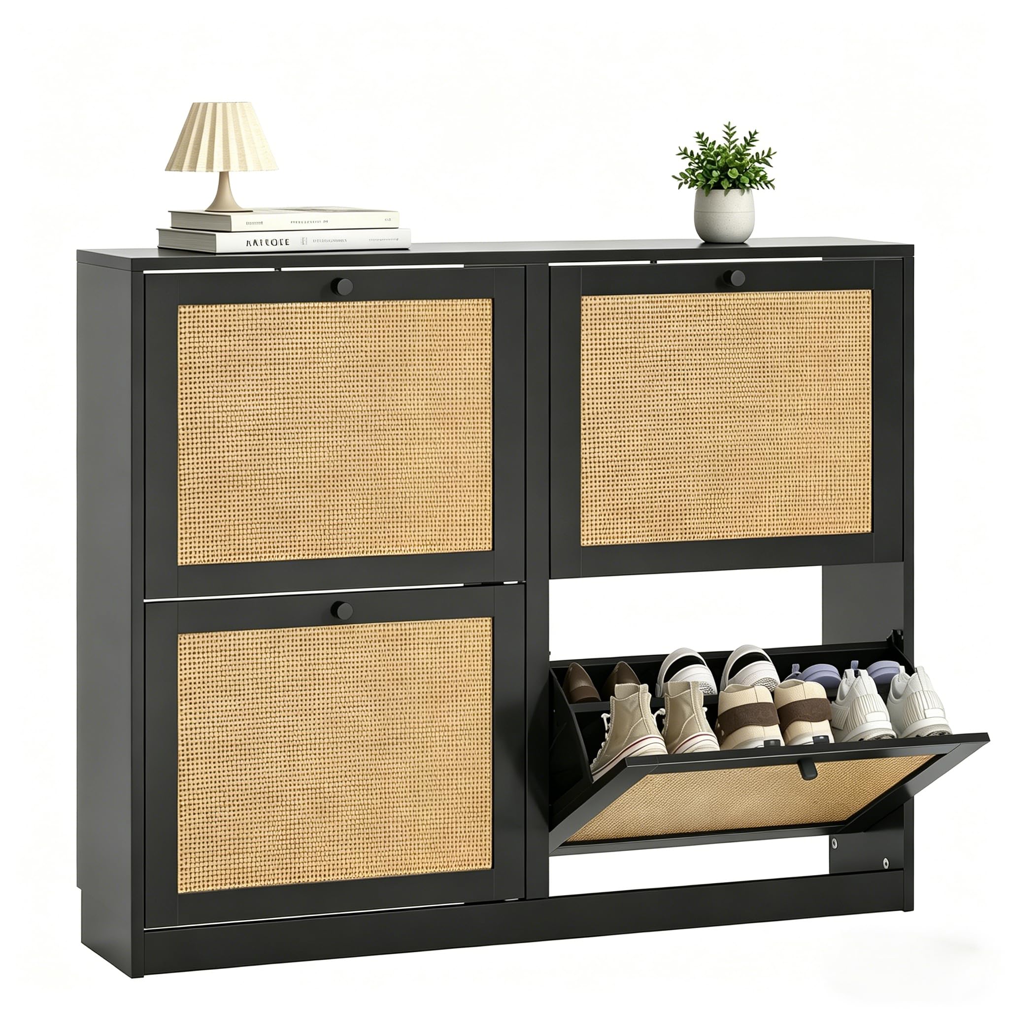 Yvsevnr Black Rattan Slim Shoe Storage Cabinet with 4 Flip Drawers Wood Shoe Cupboards for Hallways, Entrance, Living Rooms, Anti-Tip, Freestanding Shoe Rack Cabinets for 16-24 Pairs Shoes