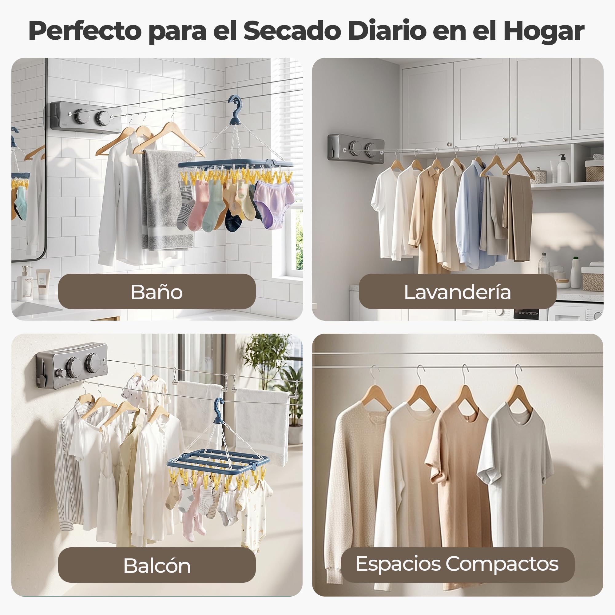 ️ Pack Tendedero Retractil Pared Doble 10.2m Acero Inoxidable + Perchero 32 Pinzas | Tendedero Extensible Pared Interior y Exterior | Intalacion con Tornillos | Color Gris