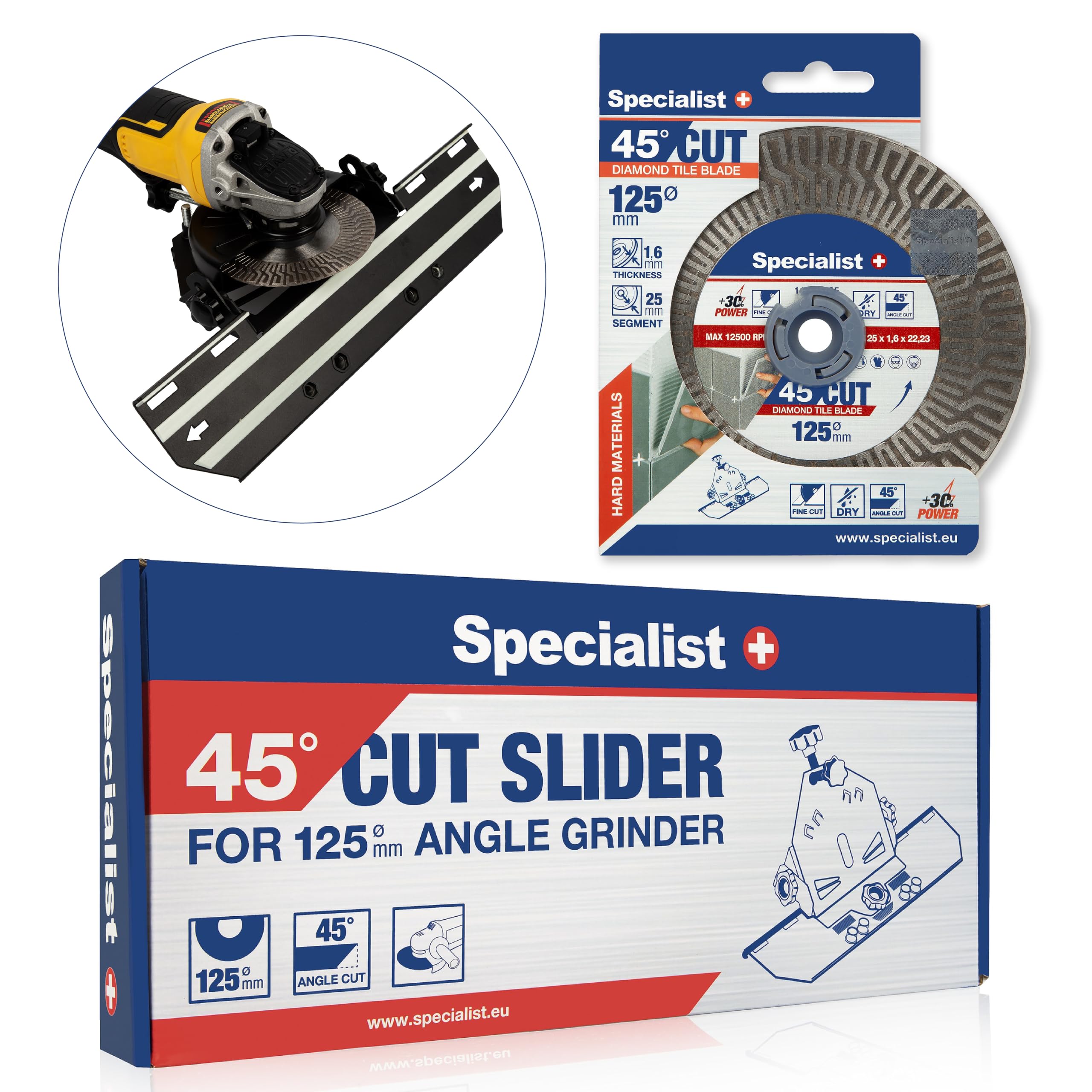 Specialist+ Kit de découpe de carreaux pour meuleuse d'angle - Coupe-carreaux manuel à 45 degrés et disque diamant de 125 mm, disque diamant ultra-mince pour carrelage, céramique, marbre
