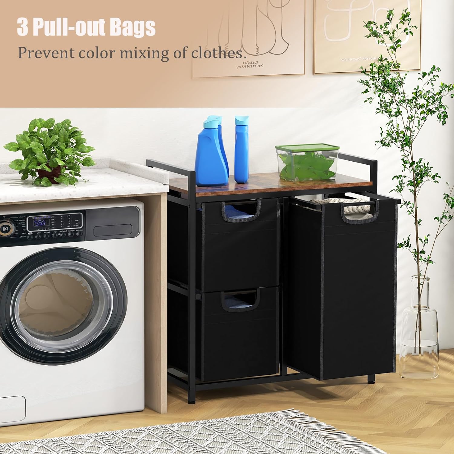 Giantex Laundry Hamper positioned next to a washing machine, demonstrating the use of its three pull-out bags for sorting clothes.