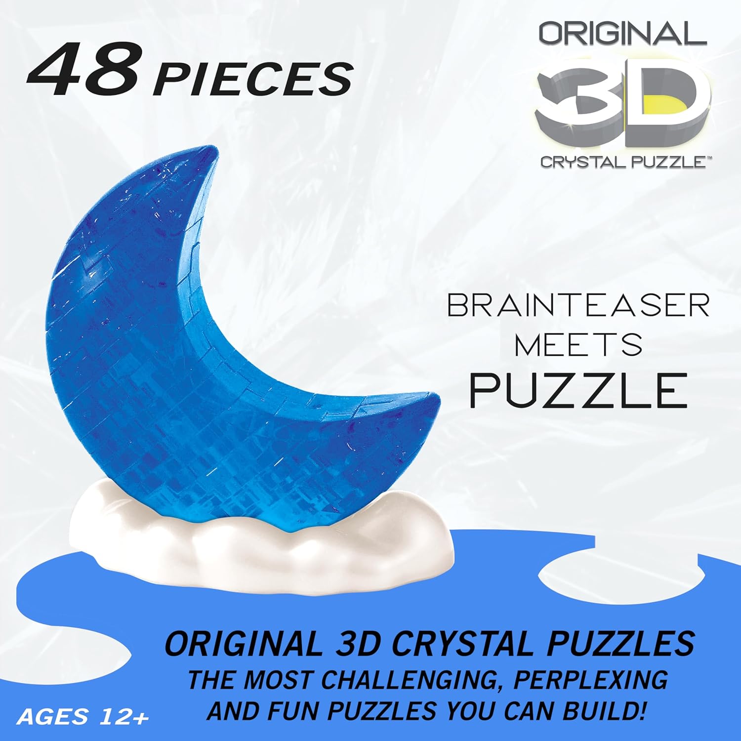 BePuzzled Glowing Moon 3D Crystal Puzzle – Glow in the Dark Interlocking Brain Teaser for Teens & Adults Ages 12+, Challenging 3D Jigsaw Display Puzzle