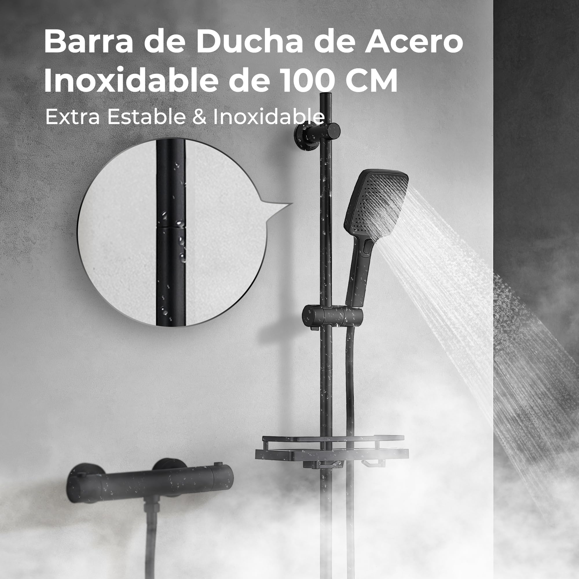 Görbach Barra de Ducha 100 cm de Acero Inoxidable, Columna Sin Grifo con Soporte de Alcachofa y Soportes de pared, Estante Ducha Ajustable en Altura, Negro