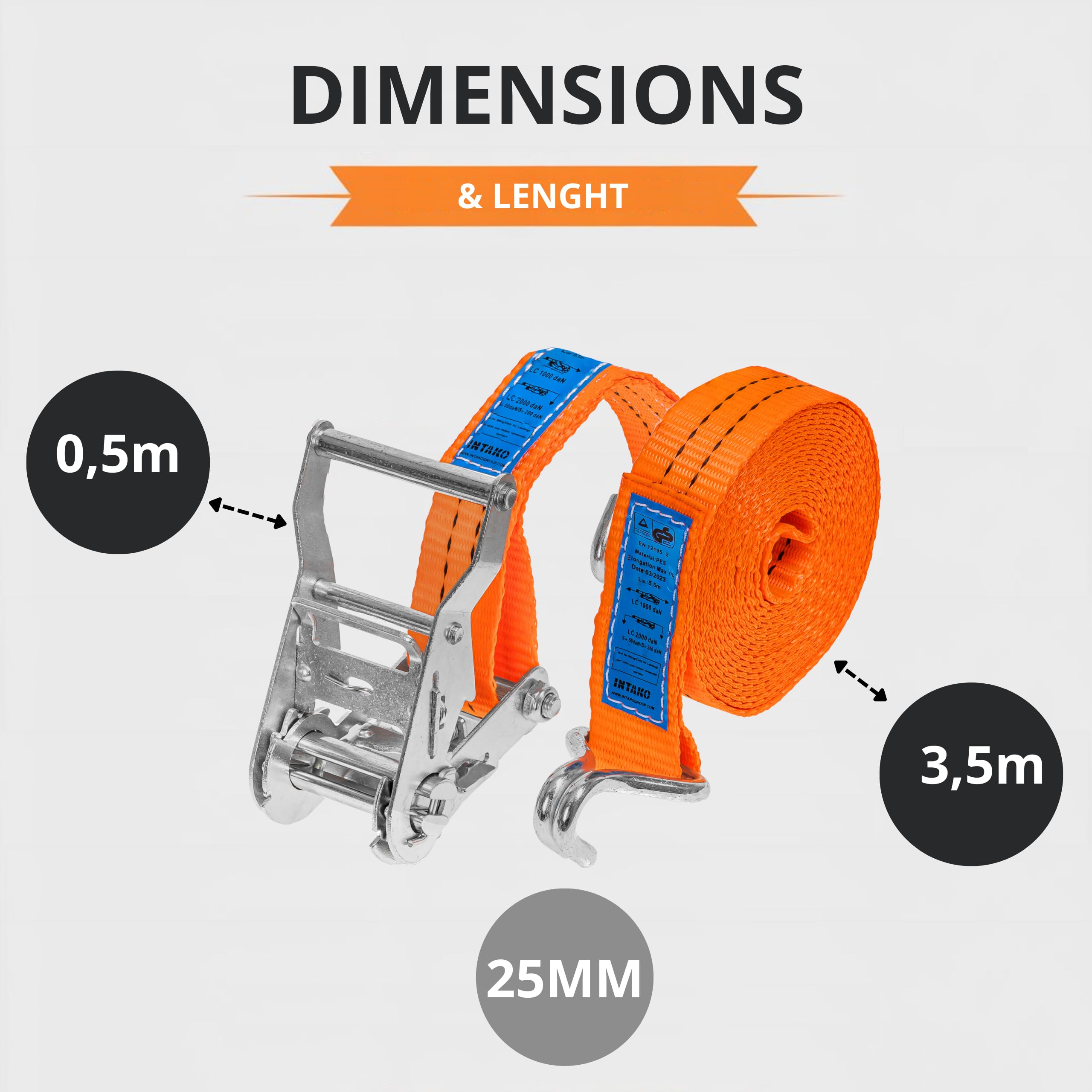 INTAKO Cinchas de Amarre con Carraca – 4m / 6m x 2000kg x 35mm – 2/10 Piezas – Eslingas con Carraca – Cinta de Amarre con Trinquete – Tensor de Cinchas para Auto y Moto (Naranja, 4m (2 Pezzi))