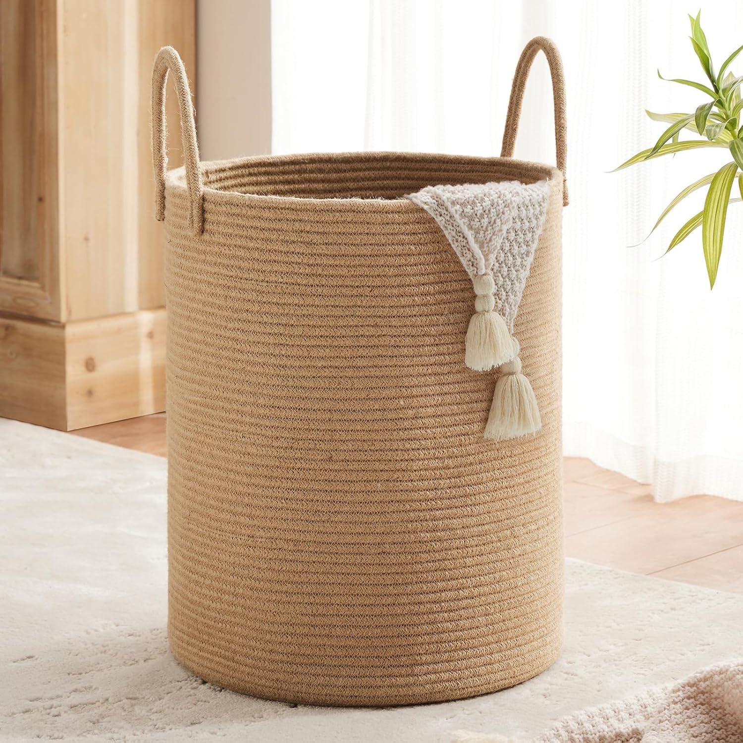 Jute Rope Woven Laundry Basket by TECHMILLY, 58L Baby Nursery Hamper for Clothes Blanket Storage, Large Tall Laundry Hamper for College Dorm, Bedroom, Living Room, Brown