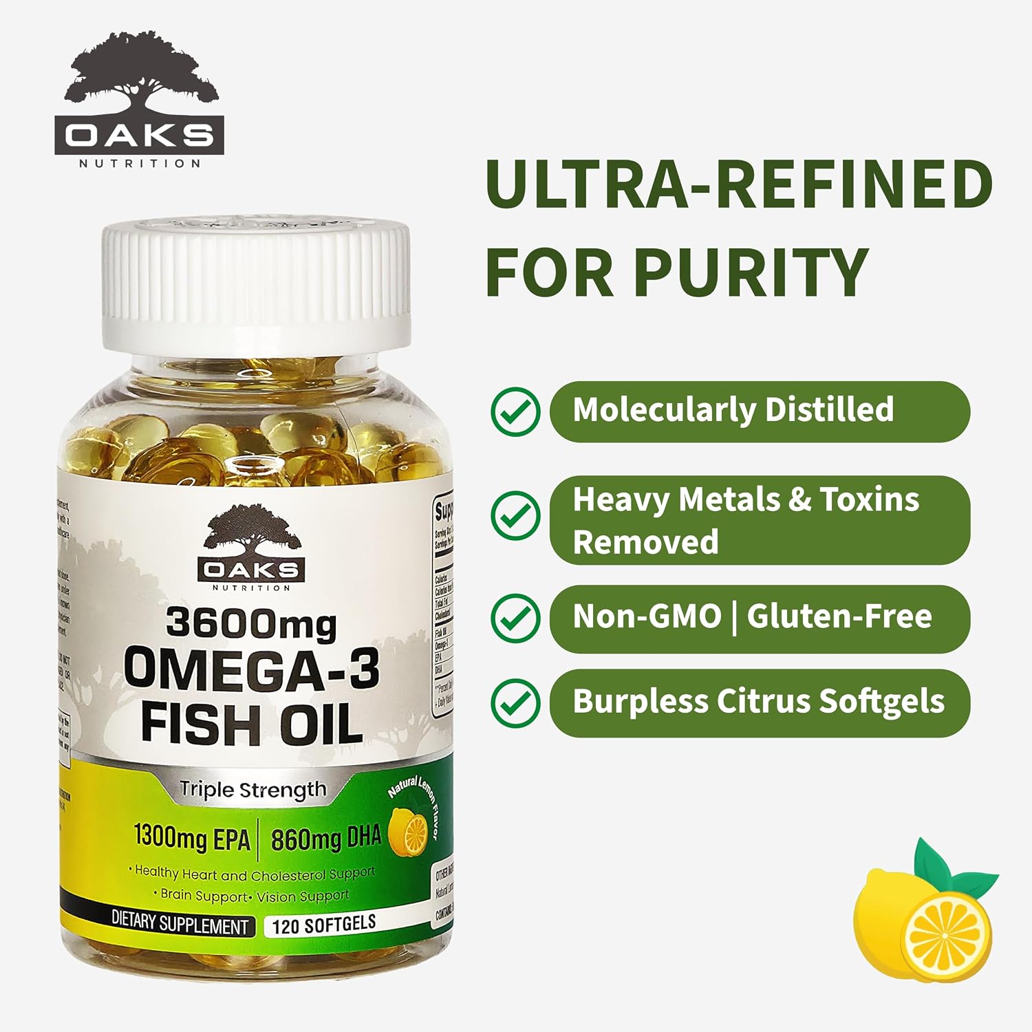 Omega 3 Fish Oil 3600mg | Triple Strength Burpless Softgels | 2160mg Omega-3s with 1300mg EPA & 860mg DHA | Ultra Purified, Wild Caught, Lemon Flavor, 120 Softgels, 60 Day Supply