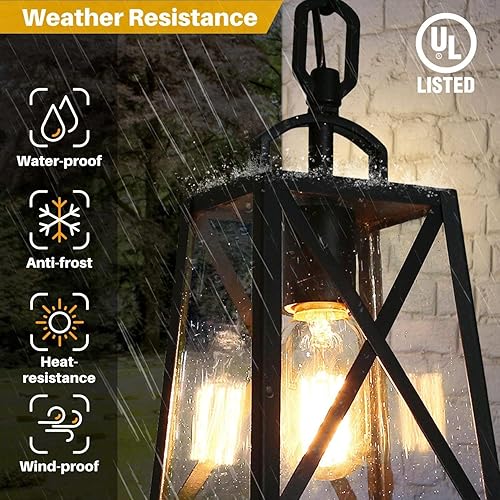 Miniatura 3 de Lámpara colgante para exteriores, luces colgantes antioxidantes exteriores de granja, luz de techo negra para exteriores con vidrio sembrado,