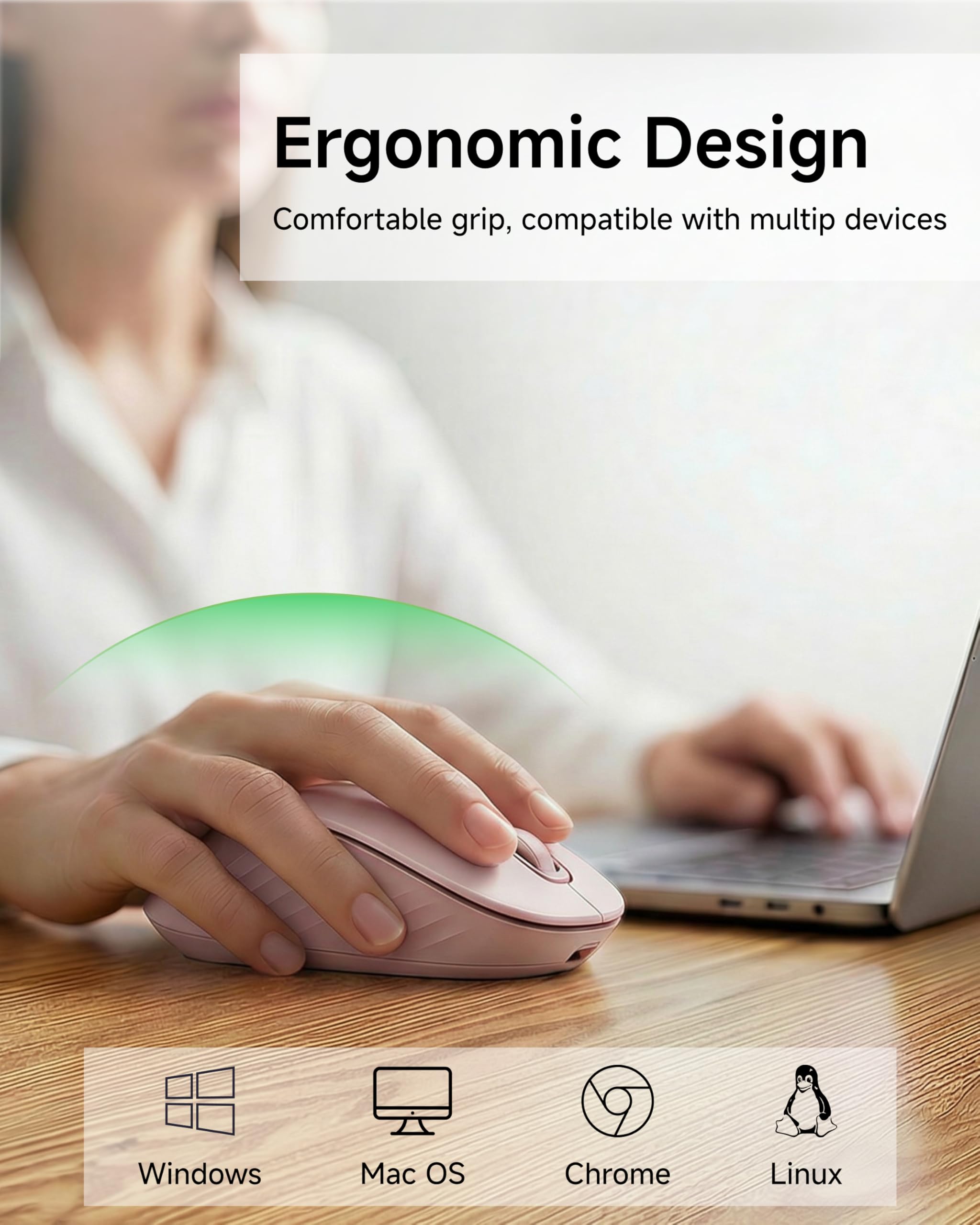EWEADN C1 Kabellose Maus für Laptop, 2,4 GHz und Bluetooth Silent Maus für Kleine & Mittelhand, 4000DPI Tragbare Ergonomische Wiederaufladbare Maus für PC, iPad, Mac, Chromebook, Büro, Rosa