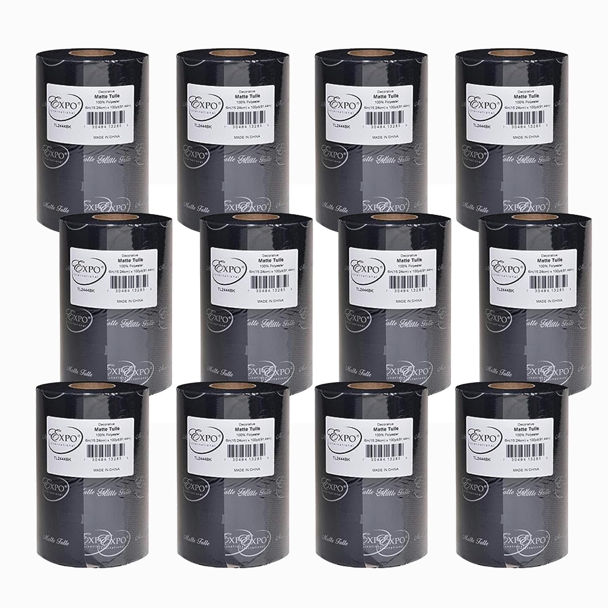 Expo International Decorative Matte Tulle, Roll/Spool of 6” X 100 Yards, Lightweight Polyester Tulle Fabric for Tutus, Costumes, and Party Decorations, Washable, Easy-to-Use, Pack of 12, Black