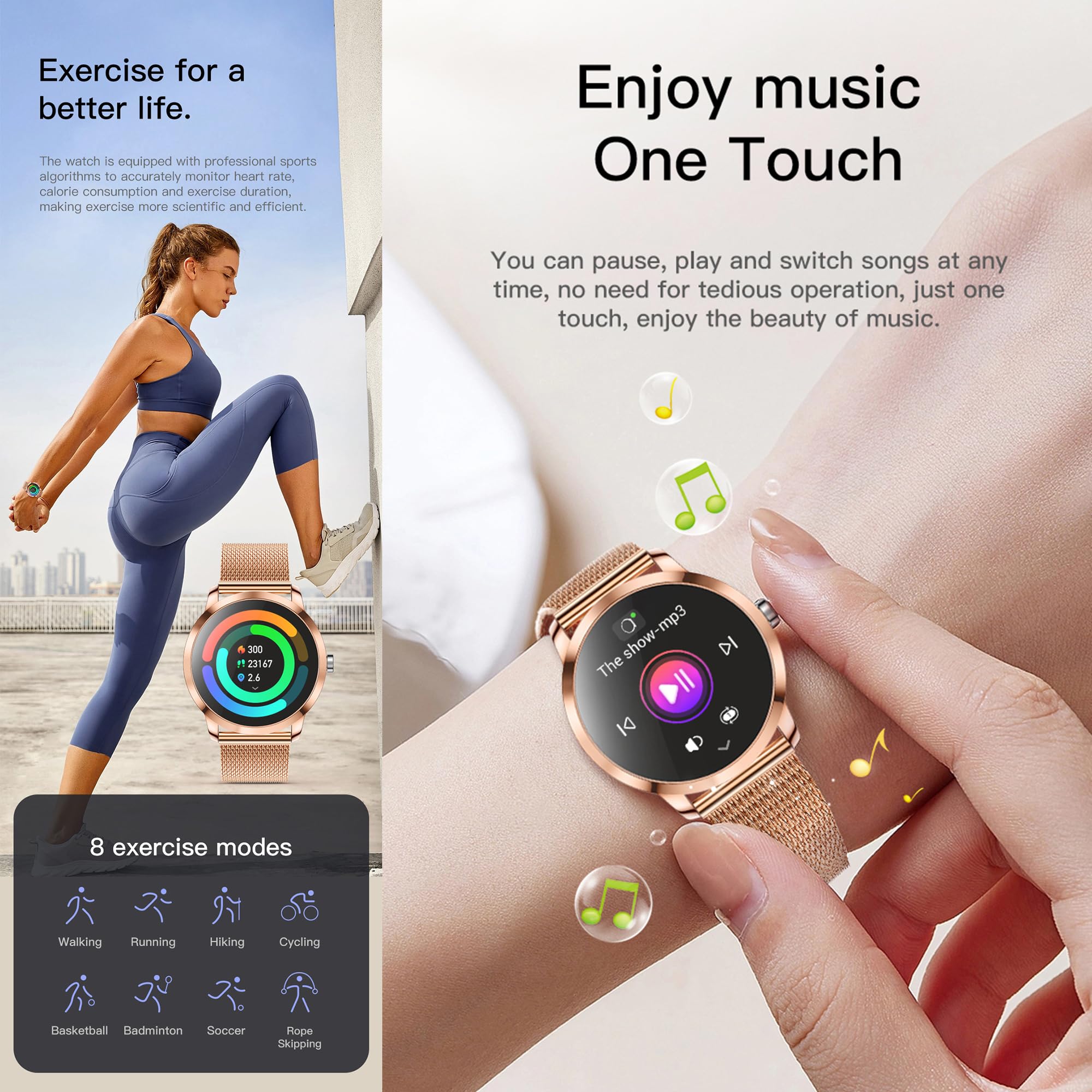 ZPIMY Montre connectée Femme avec Appel Bluetooth, 1,09" Smartwatch avec 123 Modes Sportifs IP68 Étanche, Sommeil, Fréquence Cardiaque, SpO2, Tracker d'activité, Smart Watch pour iOS Android (Or)