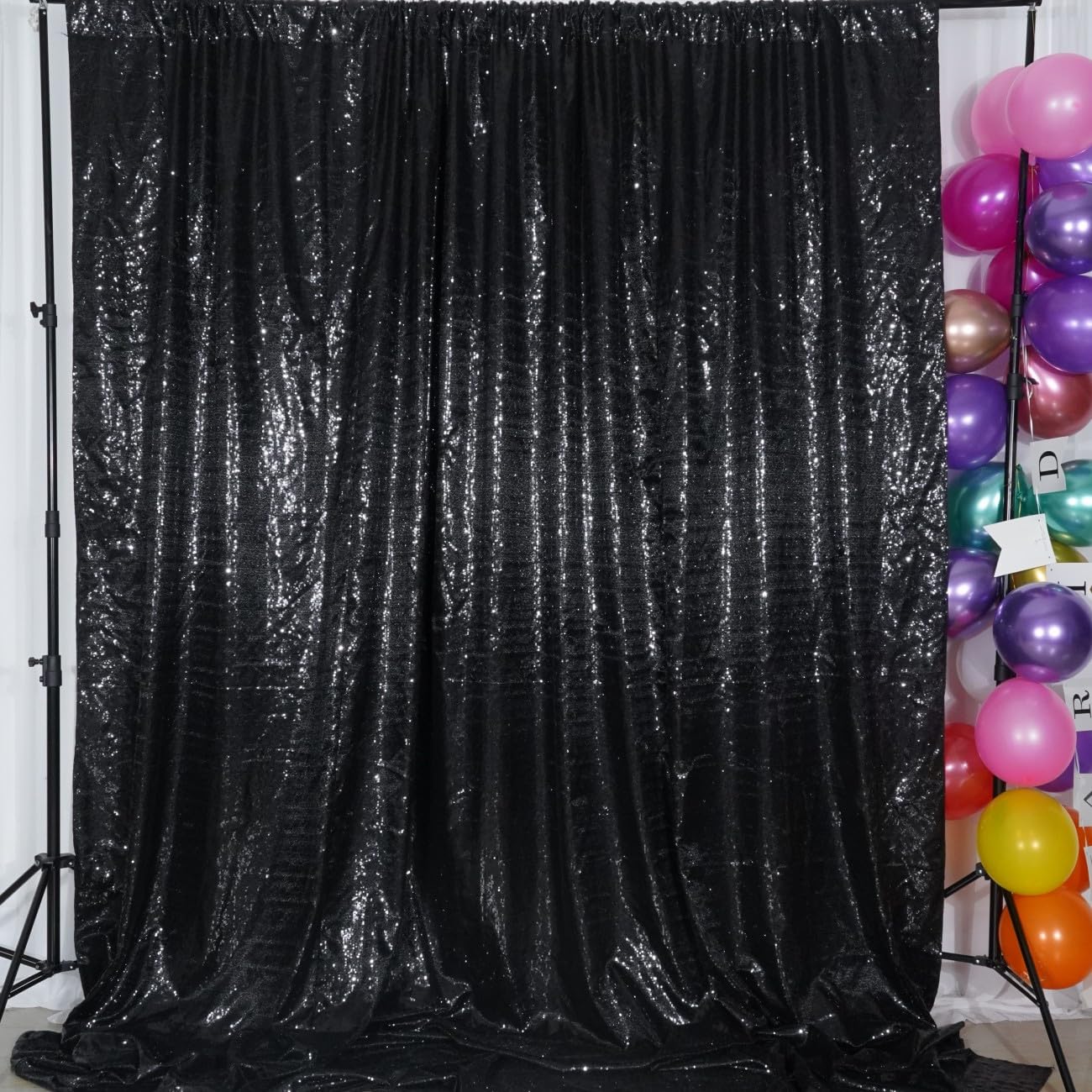 Poise3EHome 8Ft x 8Ft Black Sequin Backdrop, Glitter Thick Satin Background Drapes, Sparkly Opaque Photography Curtain, Sequence Xmas Thanksgiving