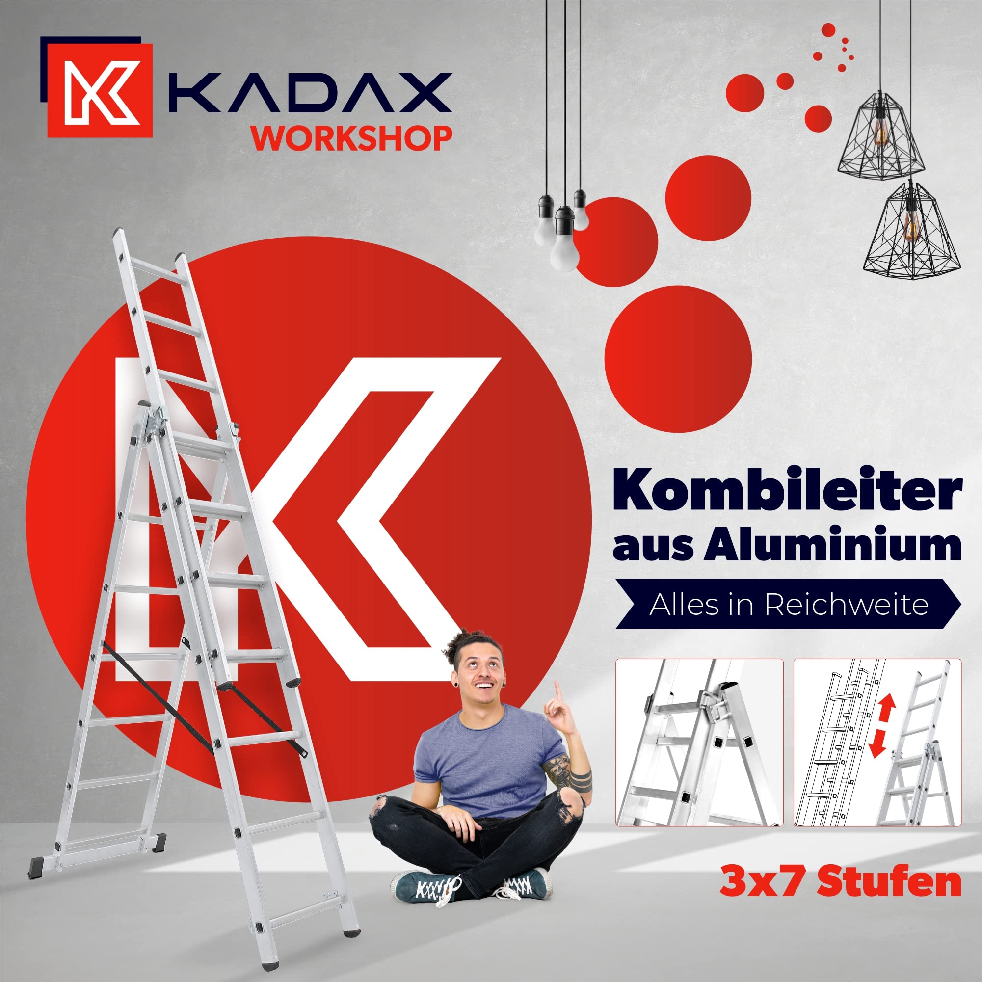 KADAX Drabina aluminiowa składana 3 - stopniowa, udźwig 125 kg, stopnie antypoślizgowe, półka na narzędzia, lekka i stabilna do domu i warsztatu