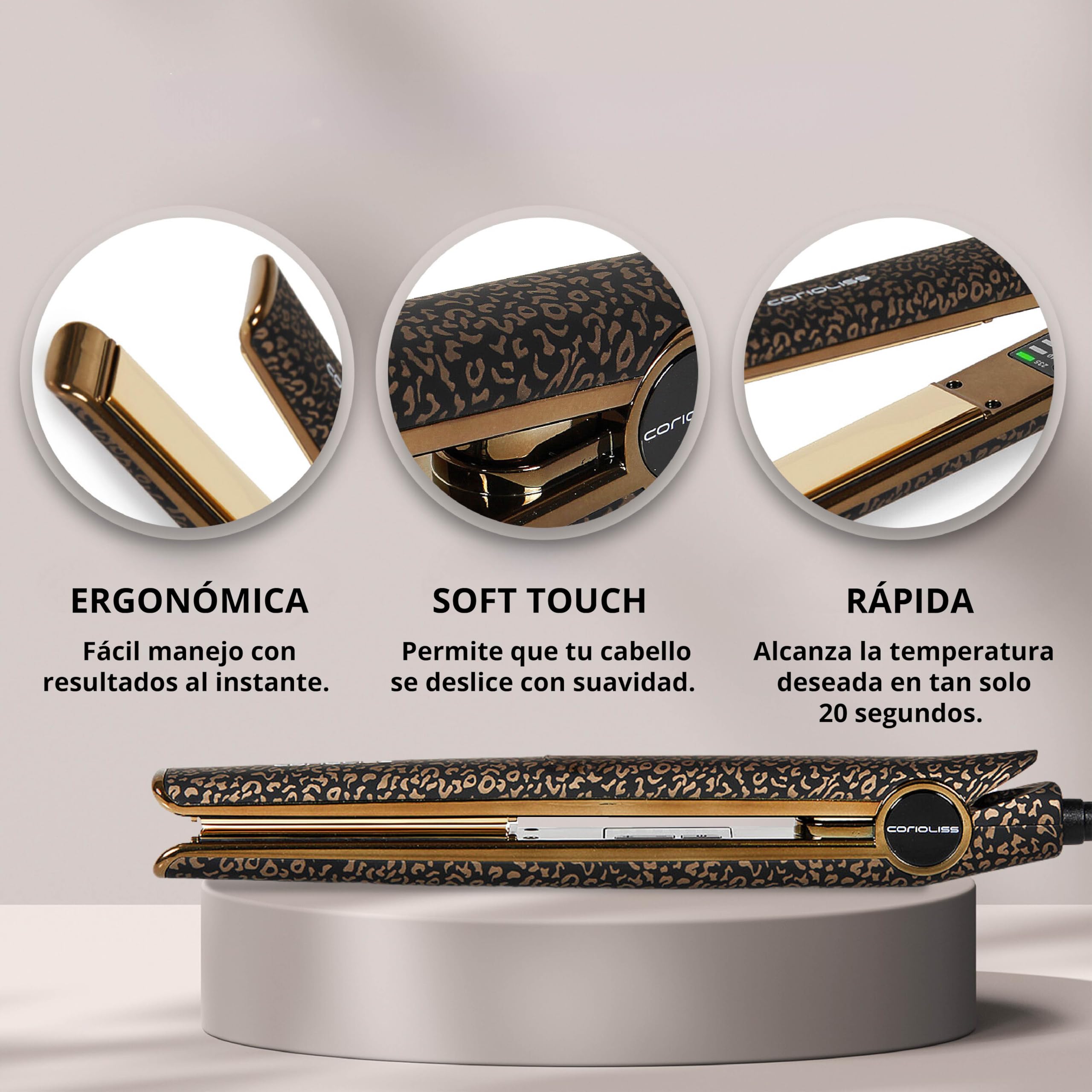 Corioliss C1 | Plancha del pelo Profesional | Placas de titanio | Alisado y Ondas | Temperatura ajustable 120º-235º | Calentamiento 20 seg | Con funda de Viaje | Leopard Gold